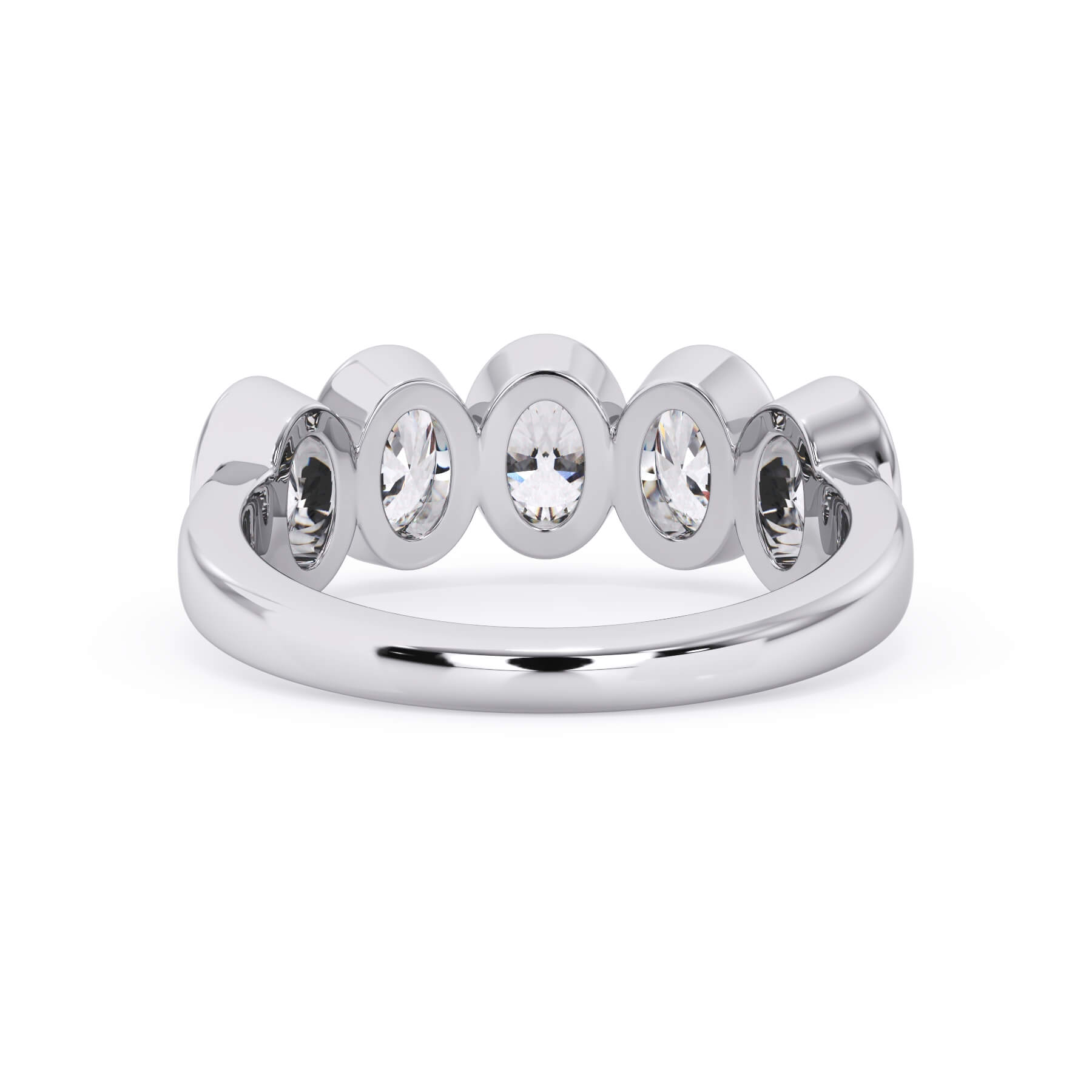 A picture of a five stone diamond wedding ring with oval shape diamonds that are bezel set in white gold or platinum on a white background with a view of the underside of the ring.