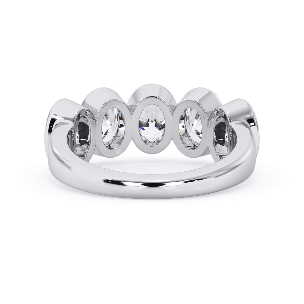 A picture of a five stone diamond wedding ring with oval shape diamonds that are bezel set in white gold or platinum on a white background with a view of the underside of the ring.