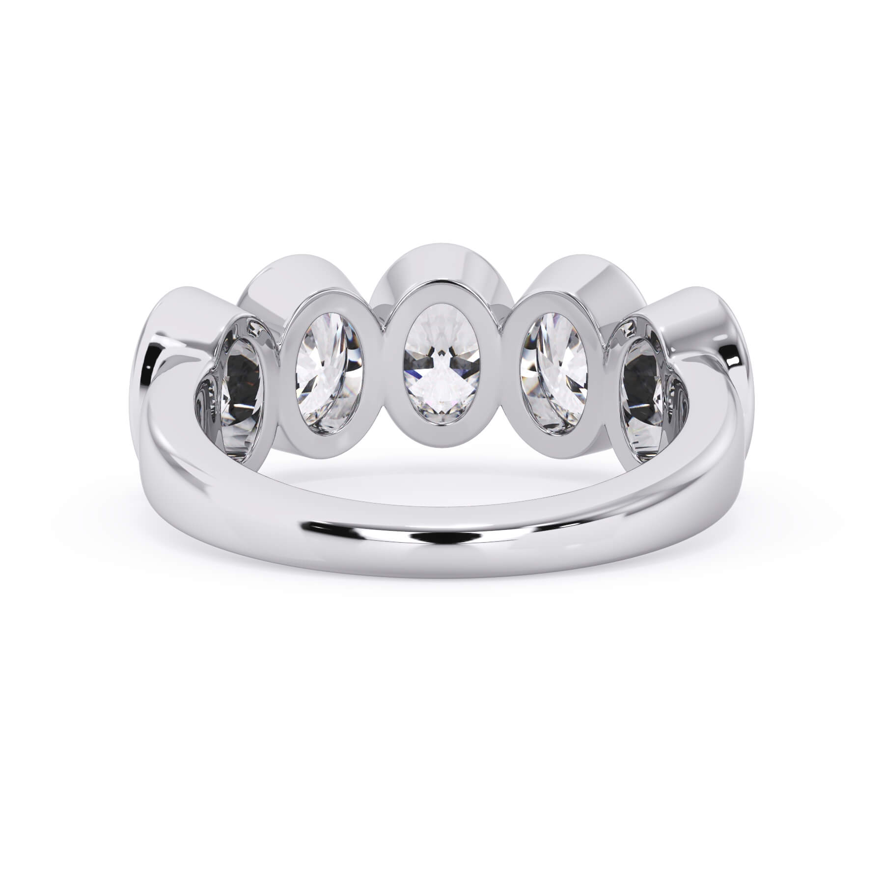 A picture of a five stone diamond wedding ring with oval shape diamonds that are bezel set in white gold or platinum on a white background with a view of the underside of the ring.