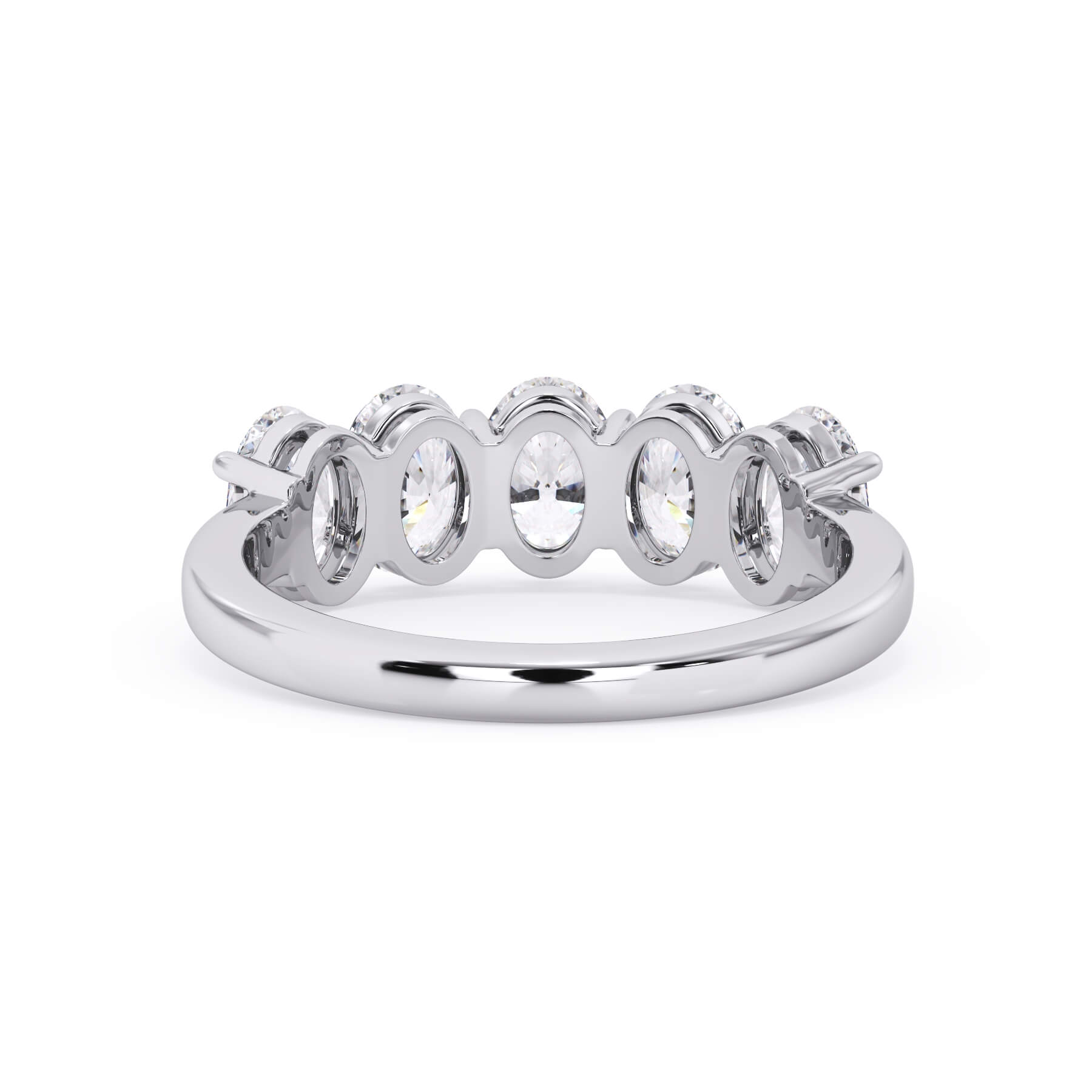 A picture of a five stone diamond wedding ring with oval shape diamonds that are shared prong set in white gold or platinum on a white background with a view of the underside of the ring.