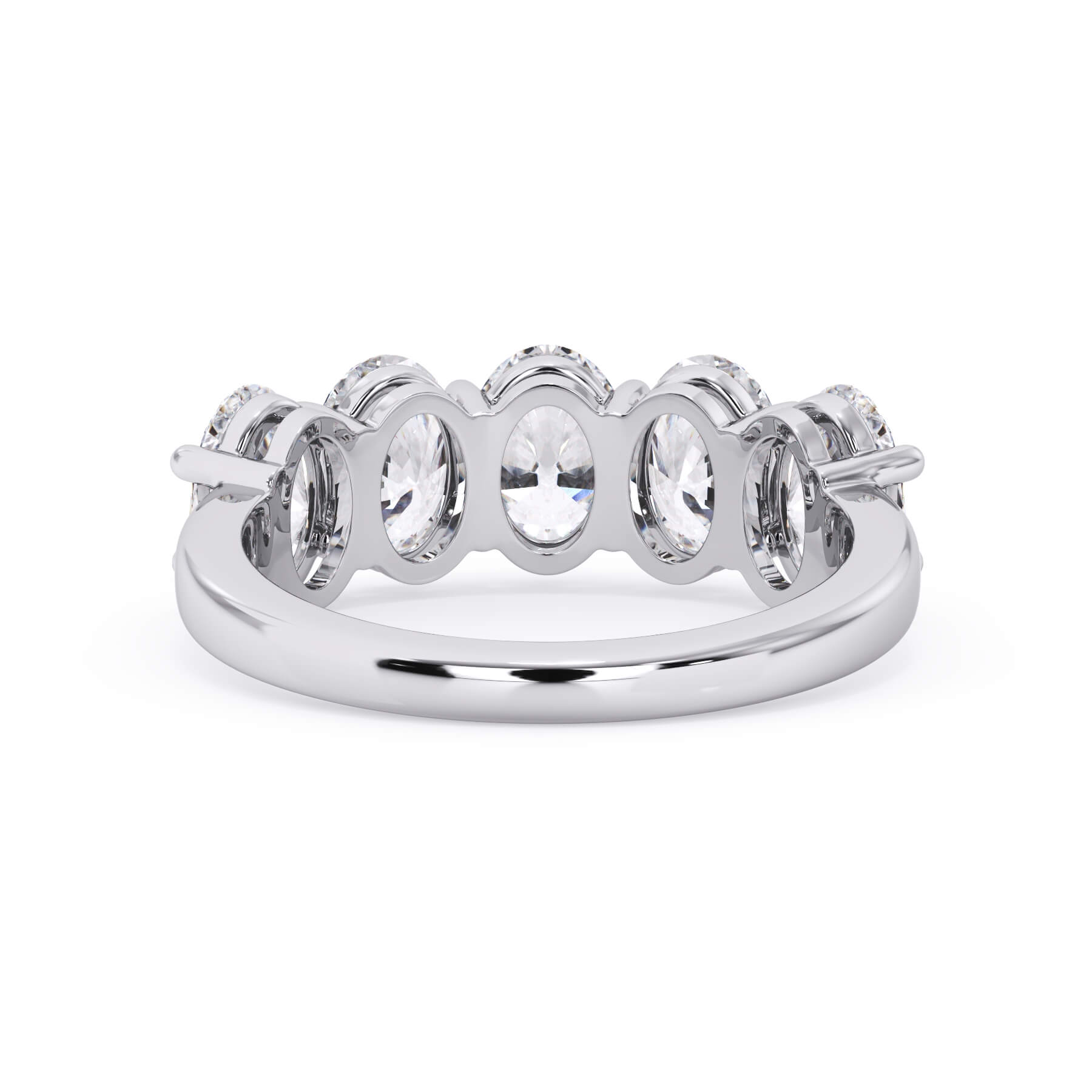 A picture of a five stone diamond wedding ring with oval shape diamonds that are shared prong set in white gold or platinum on a white background with a view of the underside of the ring.