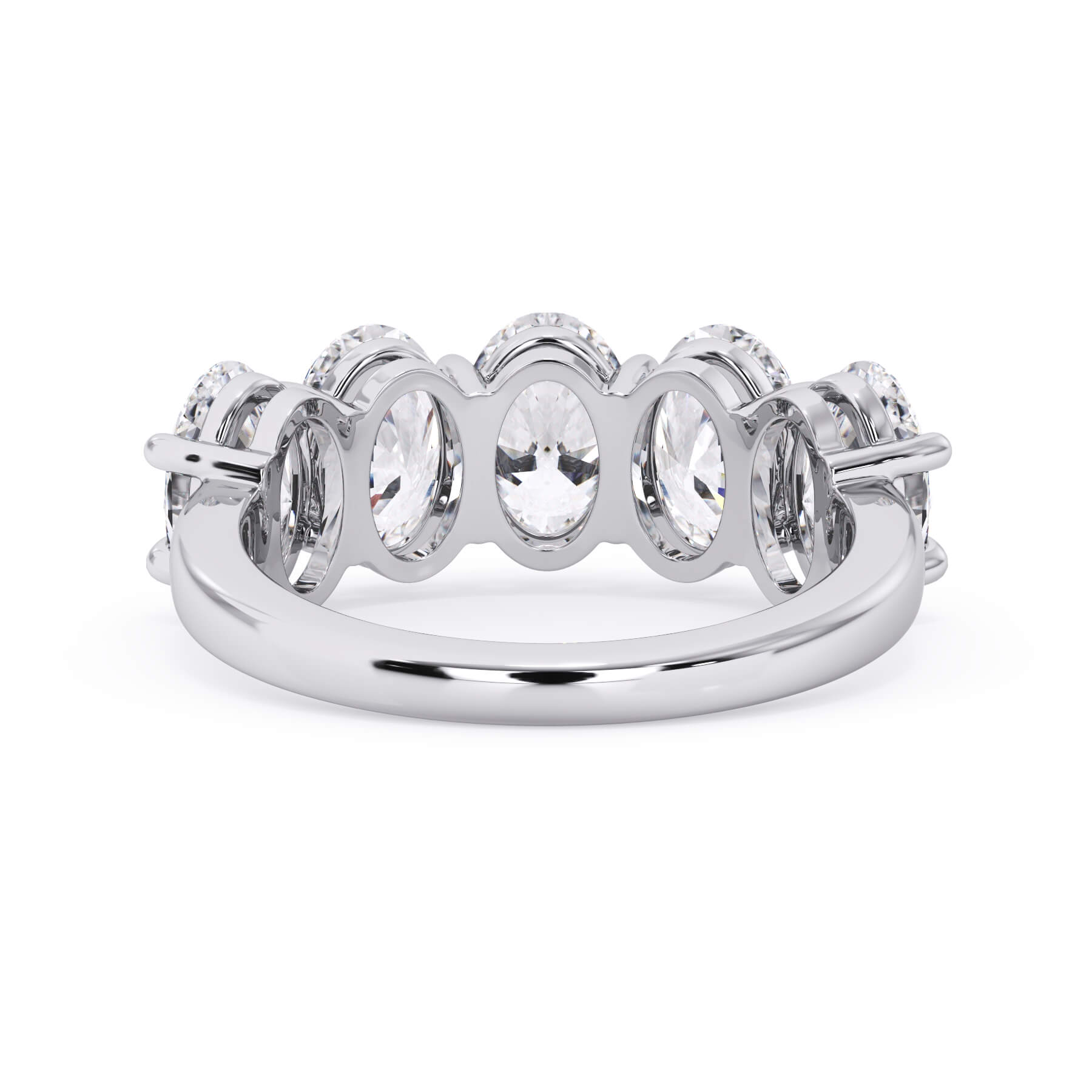 A picture of a five stone diamond wedding ring with oval shape diamonds that are shared prong set in white gold or platinum on a white background with a view of the underside of the ring.
