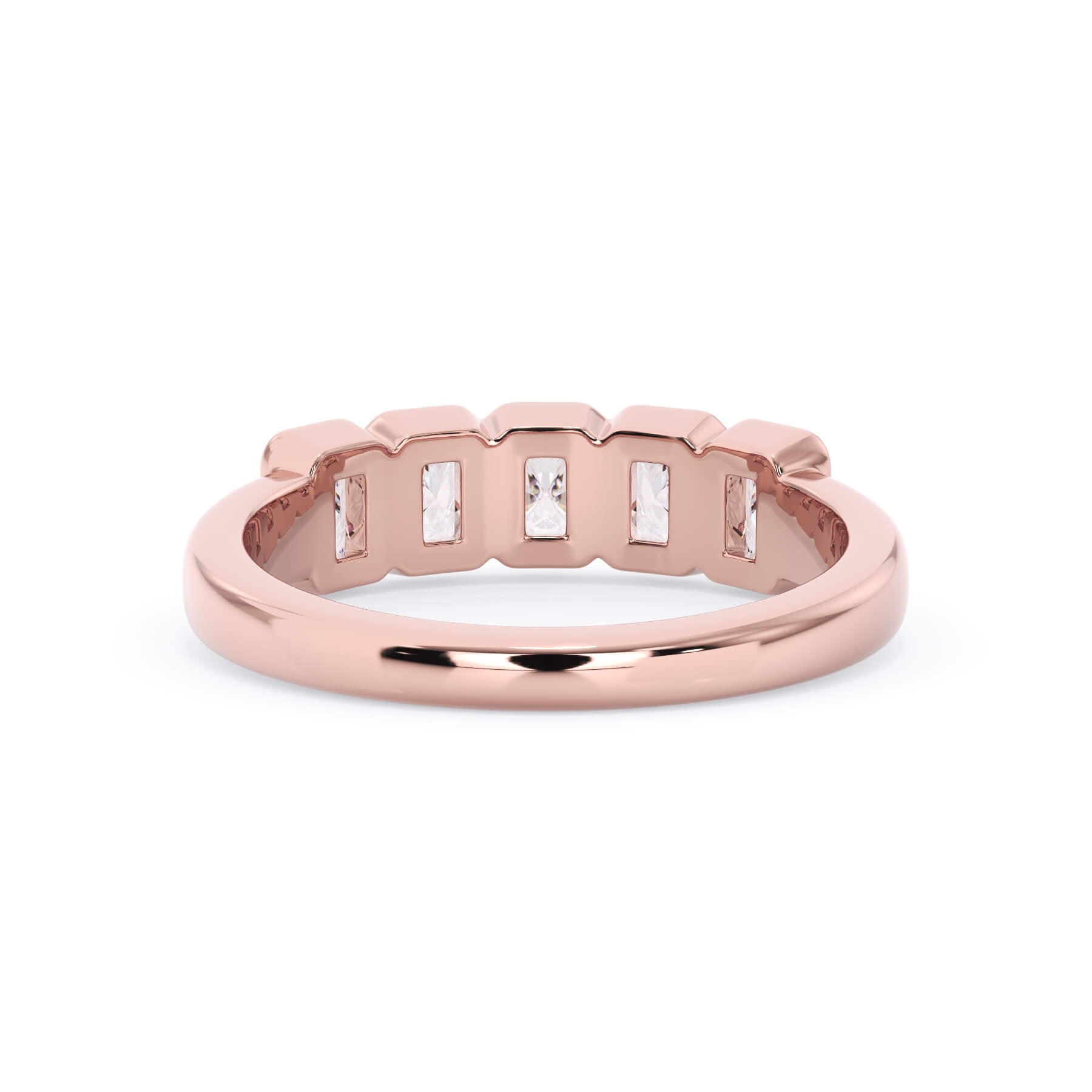 A picture of a five stone diamond wedding ring with radiant cut diamonds that are bezel set in rose gold on a white background with a view of the underside of the ring.