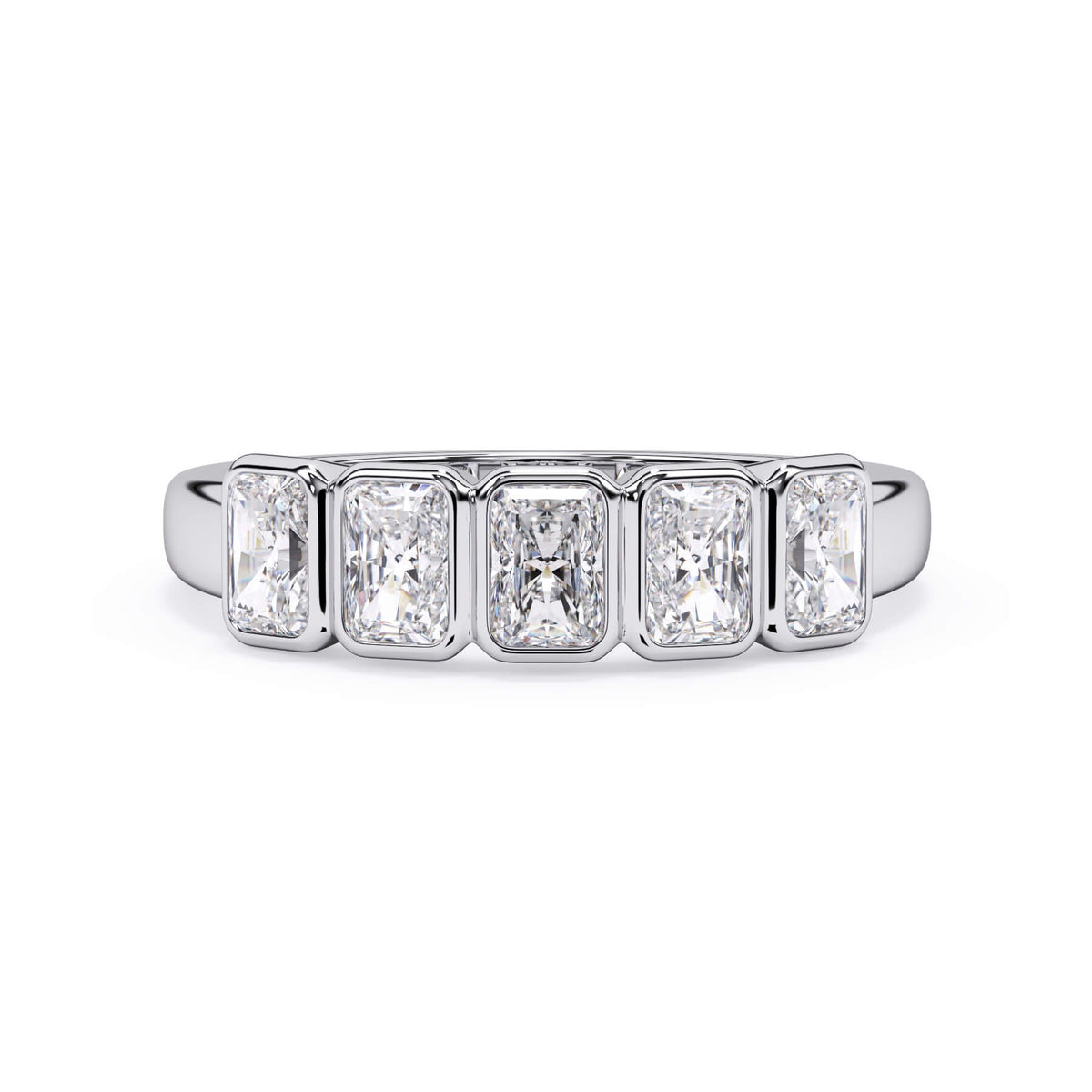 A picture of a five stone diamond wedding ring with radiant cut diamonds that are bezel set in white gold or platinum on a white background with the ring facing forward, lying down.
