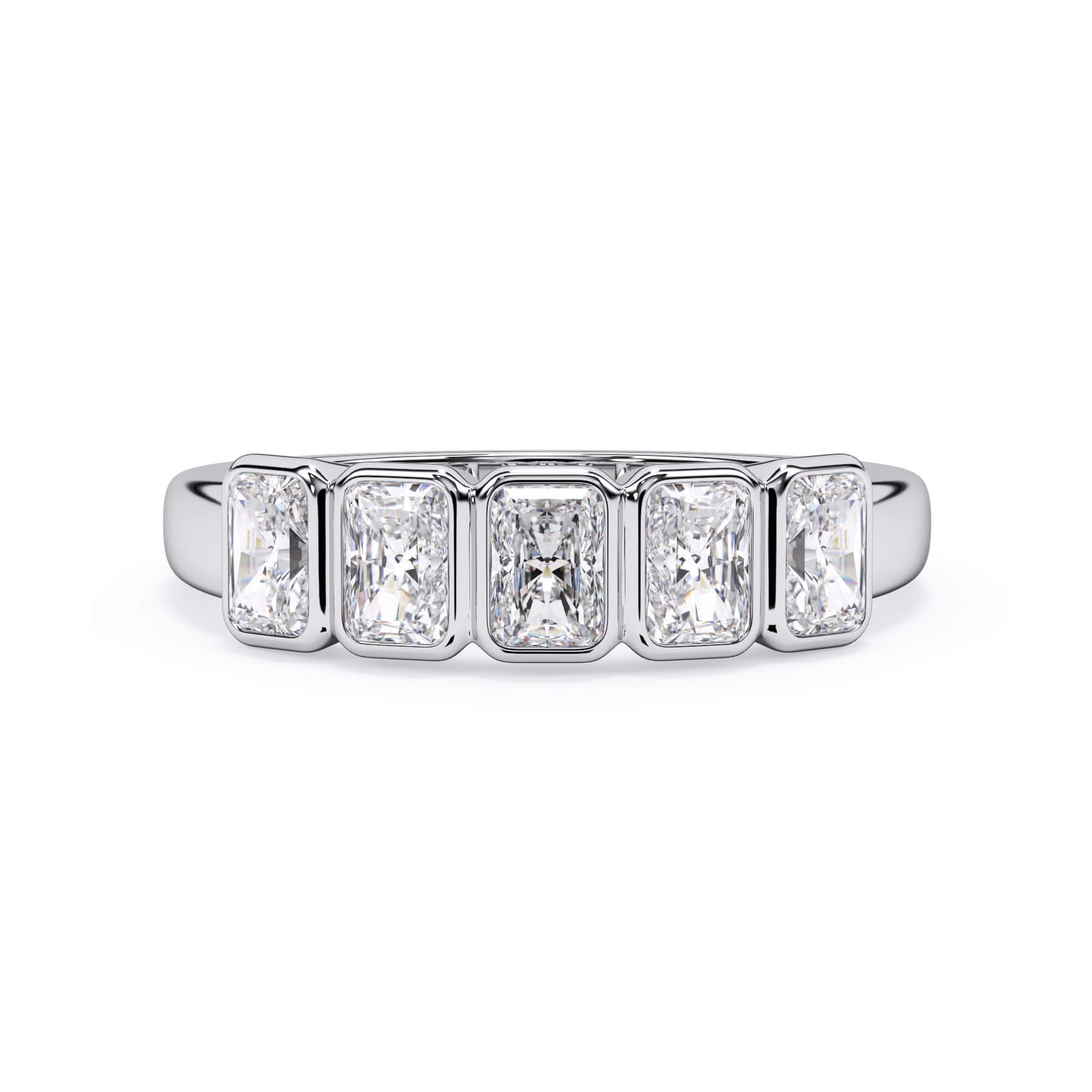 A picture of a five stone diamond wedding ring with radiant cut diamonds that are bezel set in white gold or platinum on a white background with the ring facing forward, lying down.
