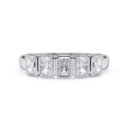 A picture of a five stone diamond wedding ring with radiant cut diamonds that are bezel set in white gold or platinum on a white background with the ring facing forward, lying down.