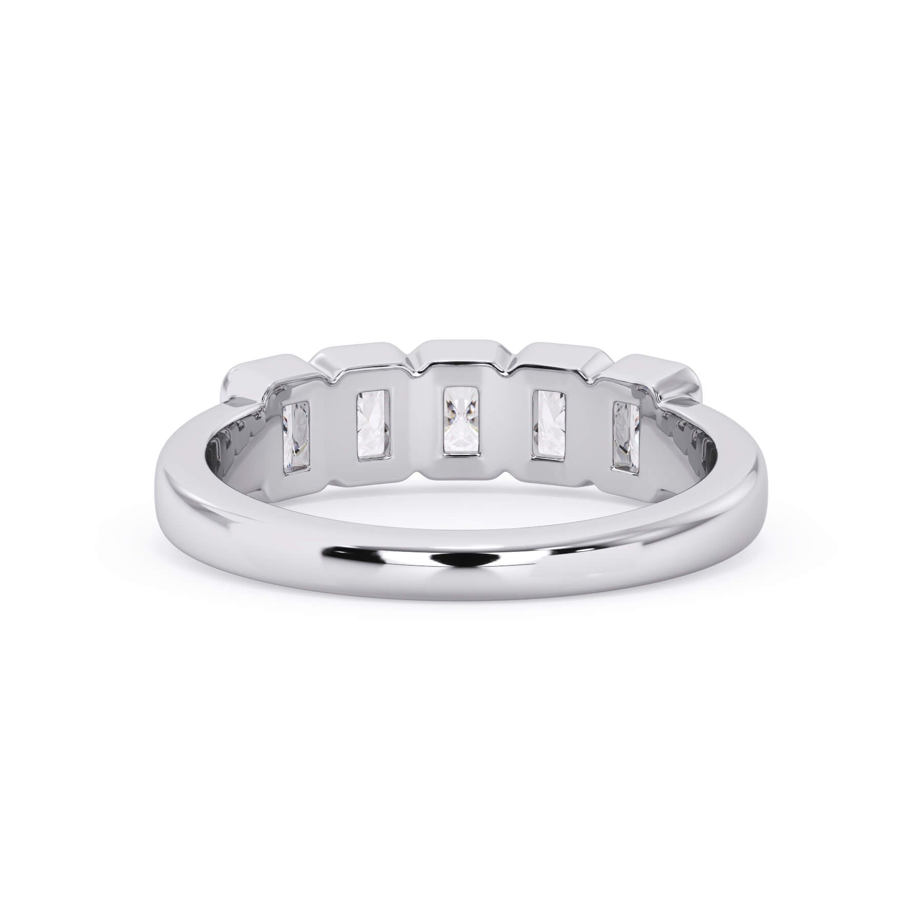 A picture of a five stone diamond wedding ring with radiant cut diamonds that are bezel set in white gold or platinum on a white background with a view of the underside of the ring.