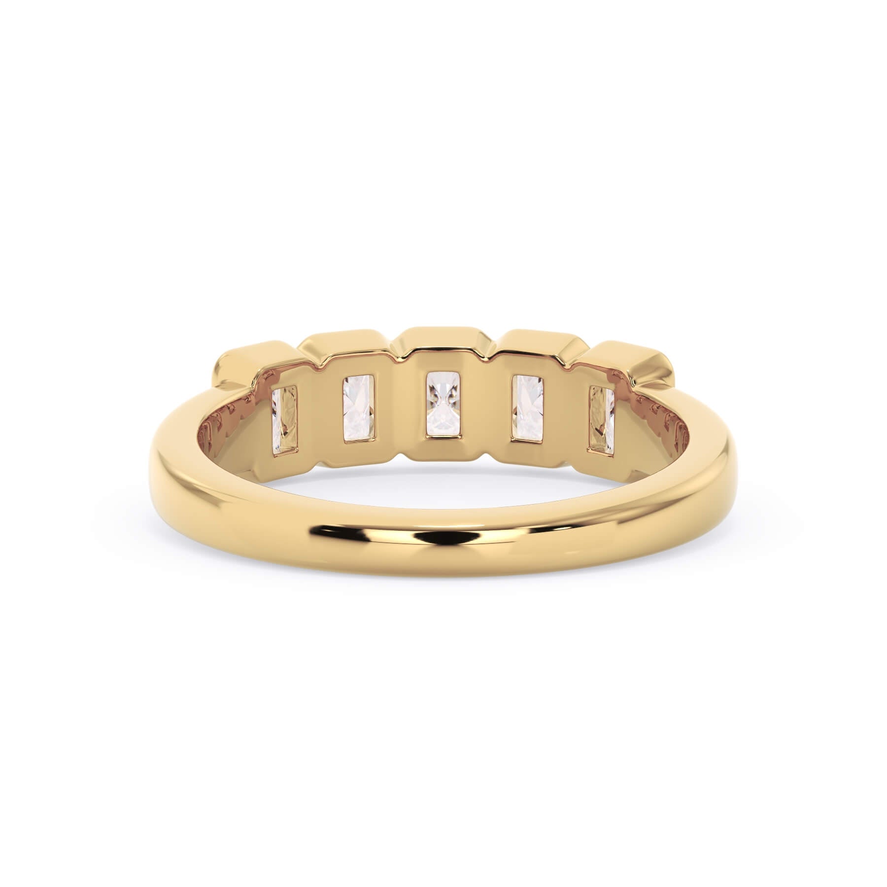A picture of a five stone diamond wedding ring with radiant cut diamonds that are bezel set in yellow gold on a white background with a view of the underside of the ring.