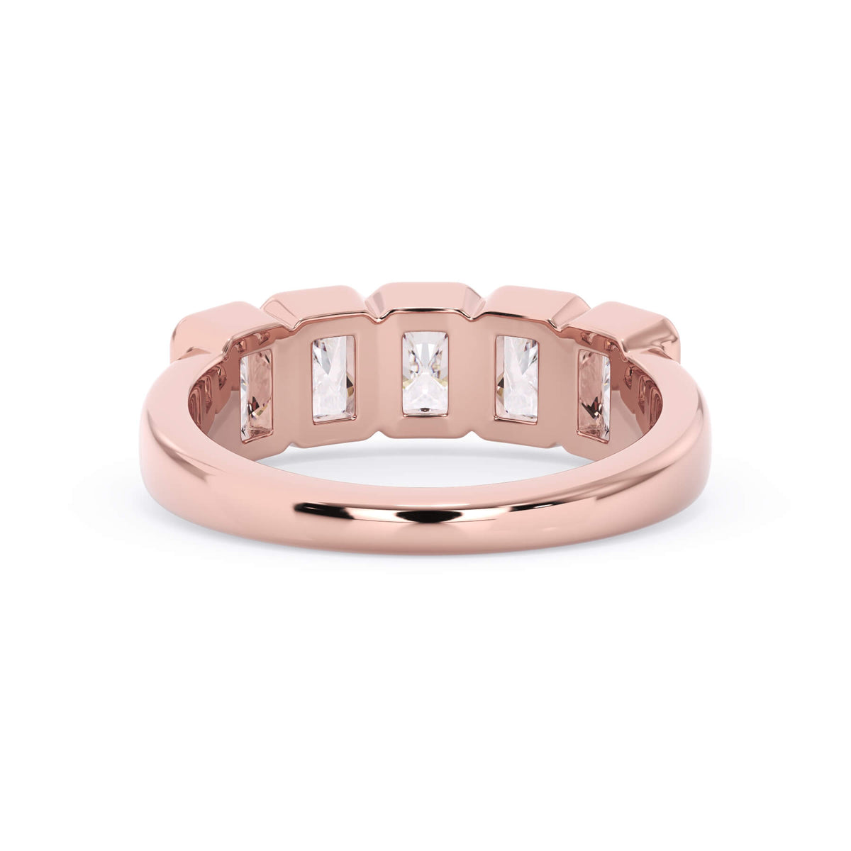 A picture of a five stone diamond wedding ring with radiant cut diamonds that are bezel set in rose gold on a white background with a view of the underside of the ring.