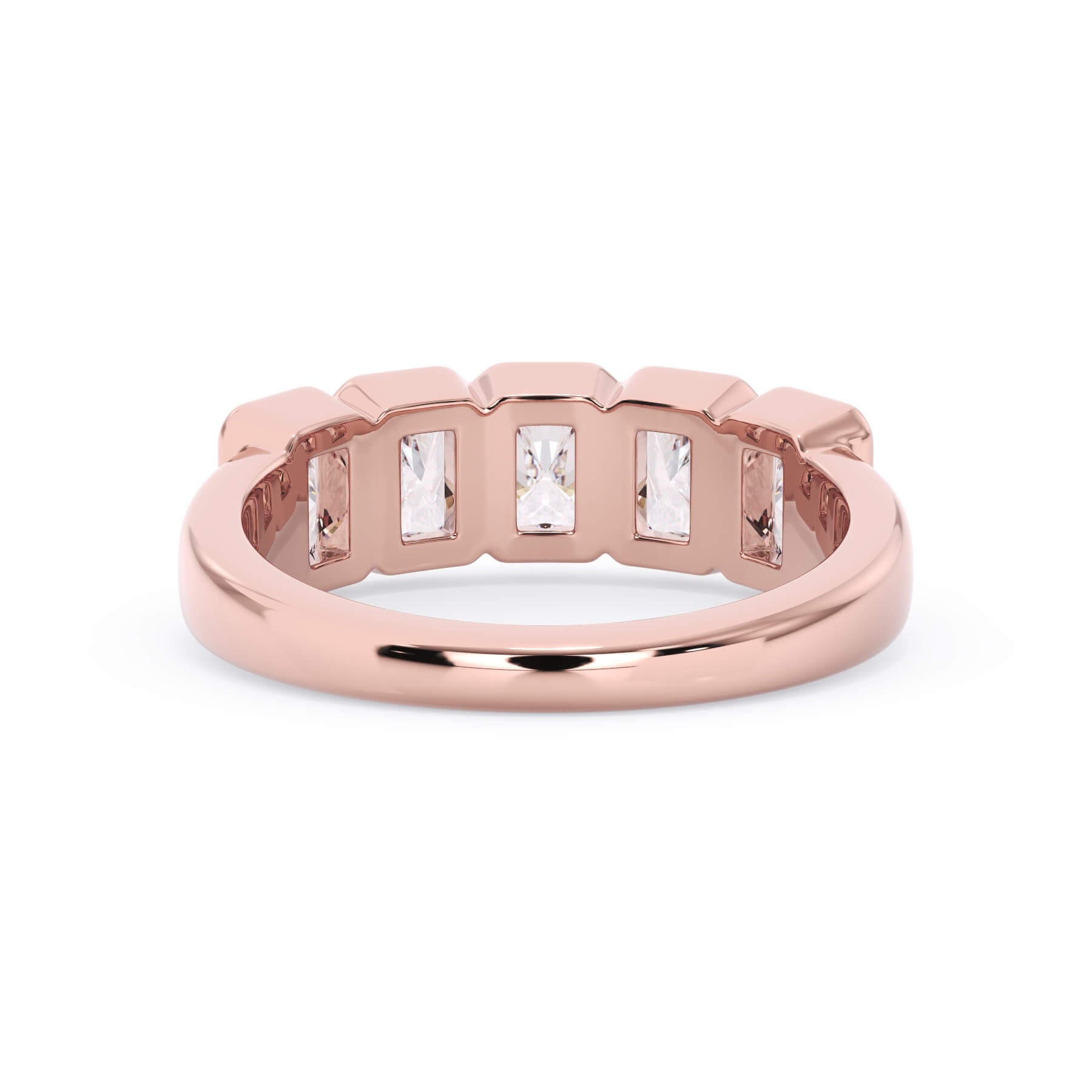 A picture of a five stone diamond wedding ring with radiant cut diamonds that are bezel set in rose gold on a white background with a view of the underside of the ring.