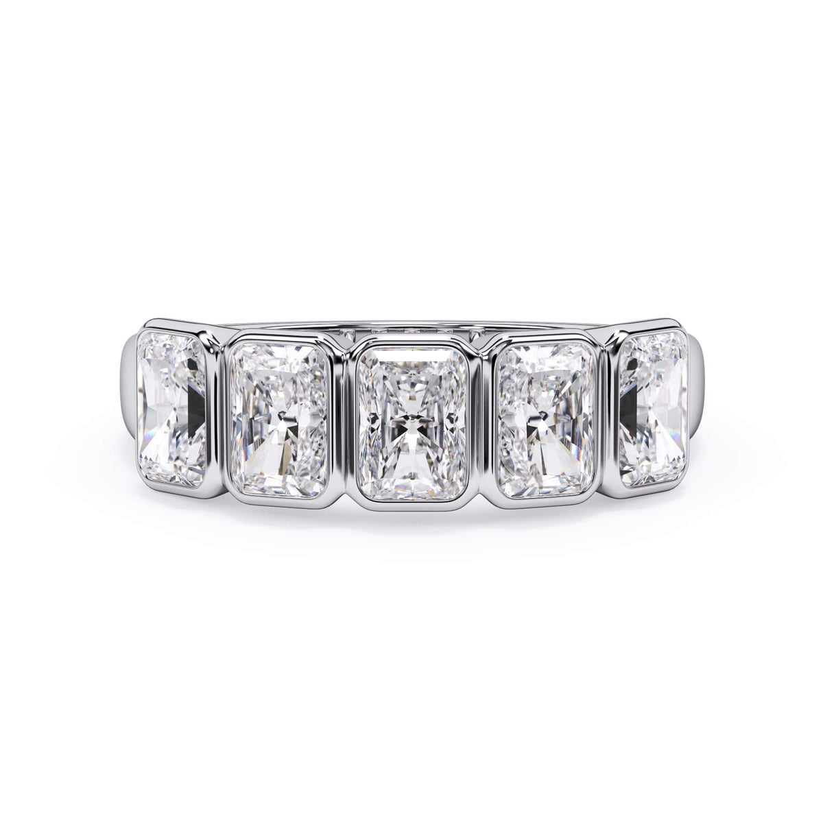 A picture of a five stone diamond wedding ring with radiant cut diamonds that are bezel set in white gold or platinum on a white background with the ring facing forward, lying down.