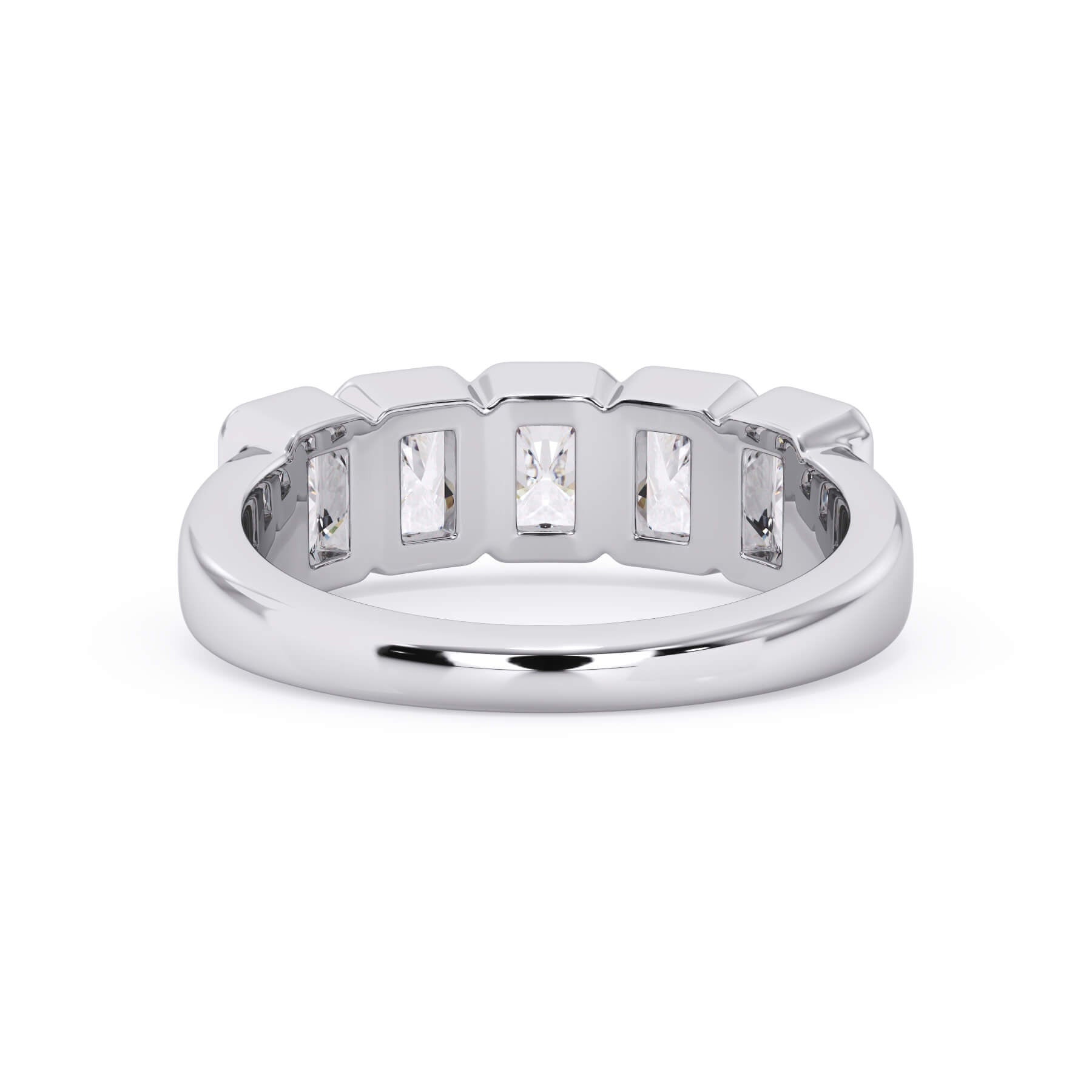 A picture of a five stone diamond wedding ring with radiant cut diamonds that are bezel set in white gold or platinum on a white background with a view of the underside of the ring.