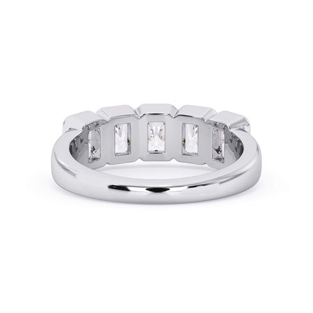 A picture of a five stone diamond wedding ring with radiant cut diamonds that are bezel set in white gold or platinum on a white background with a view of the underside of the ring.