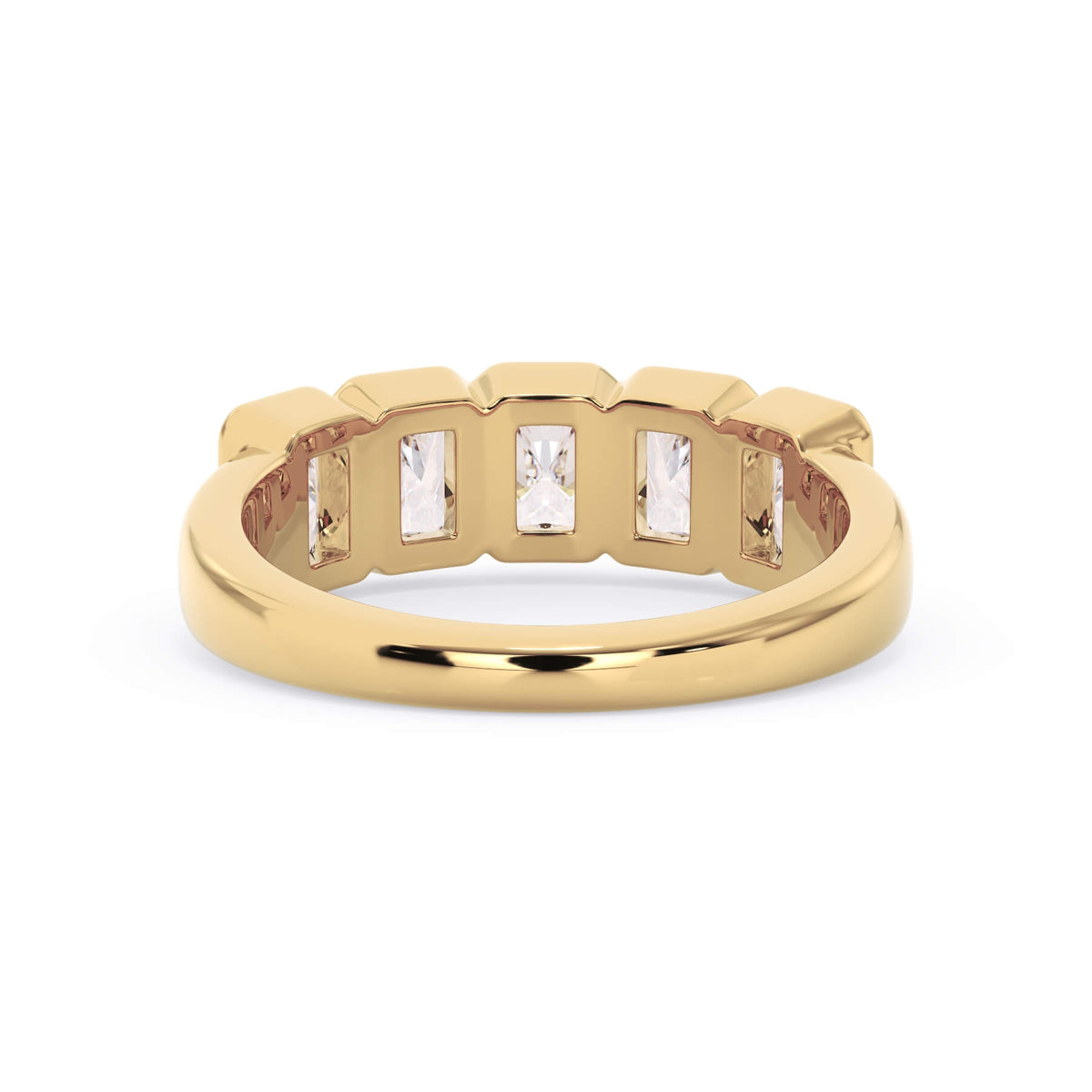A picture of a five stone diamond wedding ring with radiant cut diamonds that are bezel set in yellow gold on a white background with a view of the underside of the ring.