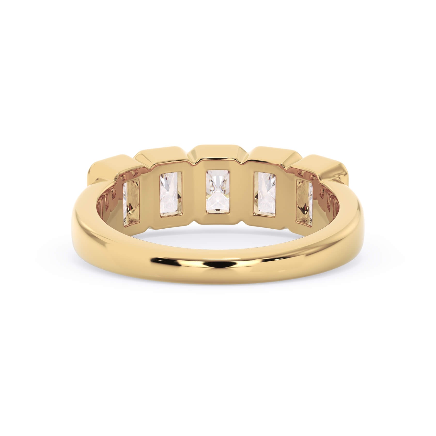A picture of a five stone diamond wedding ring with radiant cut diamonds that are bezel set in yellow gold on a white background with a view of the underside of the ring.