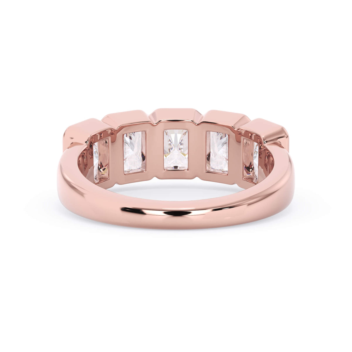 A picture of a five stone diamond wedding ring with radiant cut diamonds that are bezel set in rose gold on a white background with a view of the underside of the ring.