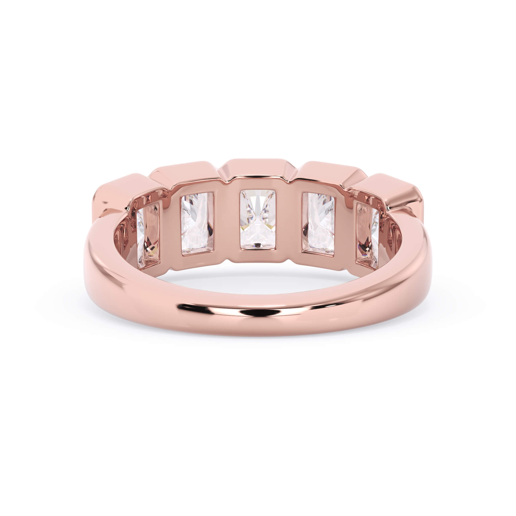 A picture of a five stone diamond wedding ring with radiant cut diamonds that are bezel set in rose gold on a white background with a view of the underside of the ring.