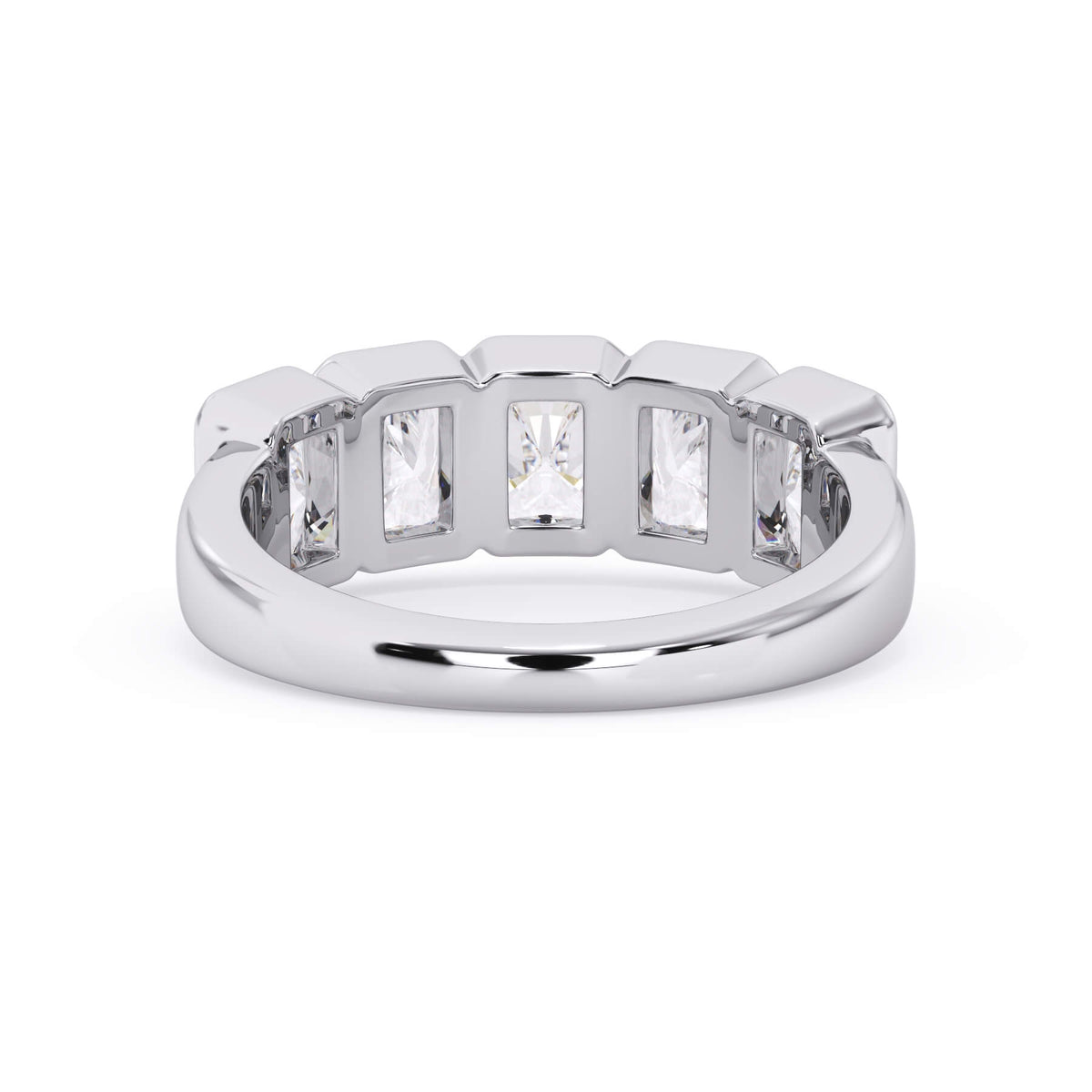 A picture of a five stone diamond wedding ring with radiant cut diamonds that are bezel set in white gold or platinum on a white background with a view of the underside of the ring.