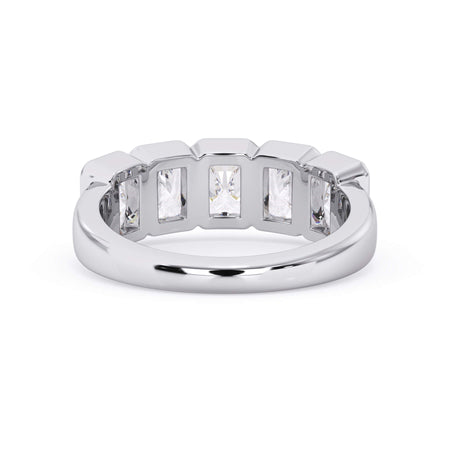 A picture of a five stone diamond wedding ring with radiant cut diamonds that are bezel set in white gold or platinum on a white background with a view of the underside of the ring.