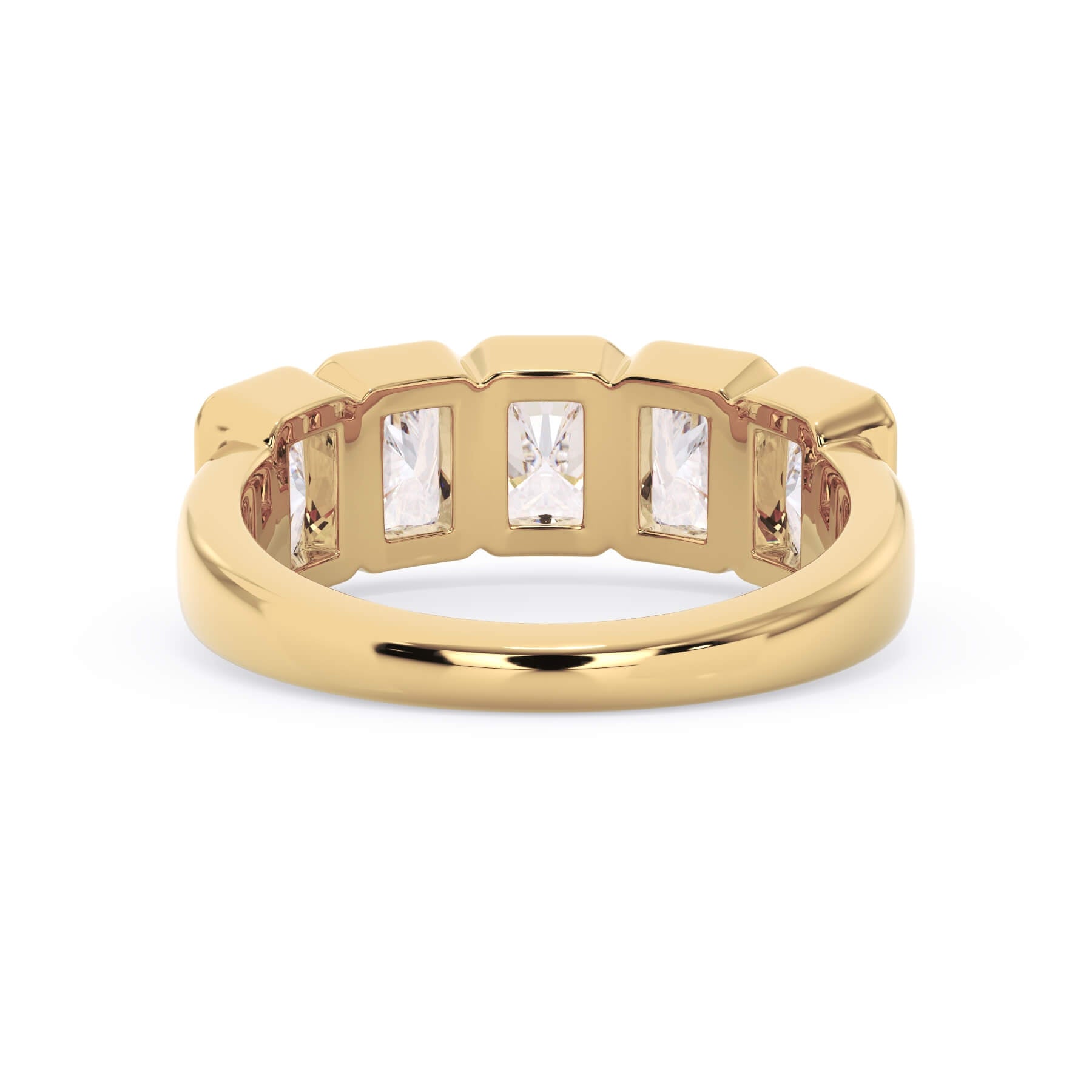 A picture of a five stone diamond wedding ring with radiant cut diamonds that are bezel set in yellow gold on a white background with a view of the underside of the ring.