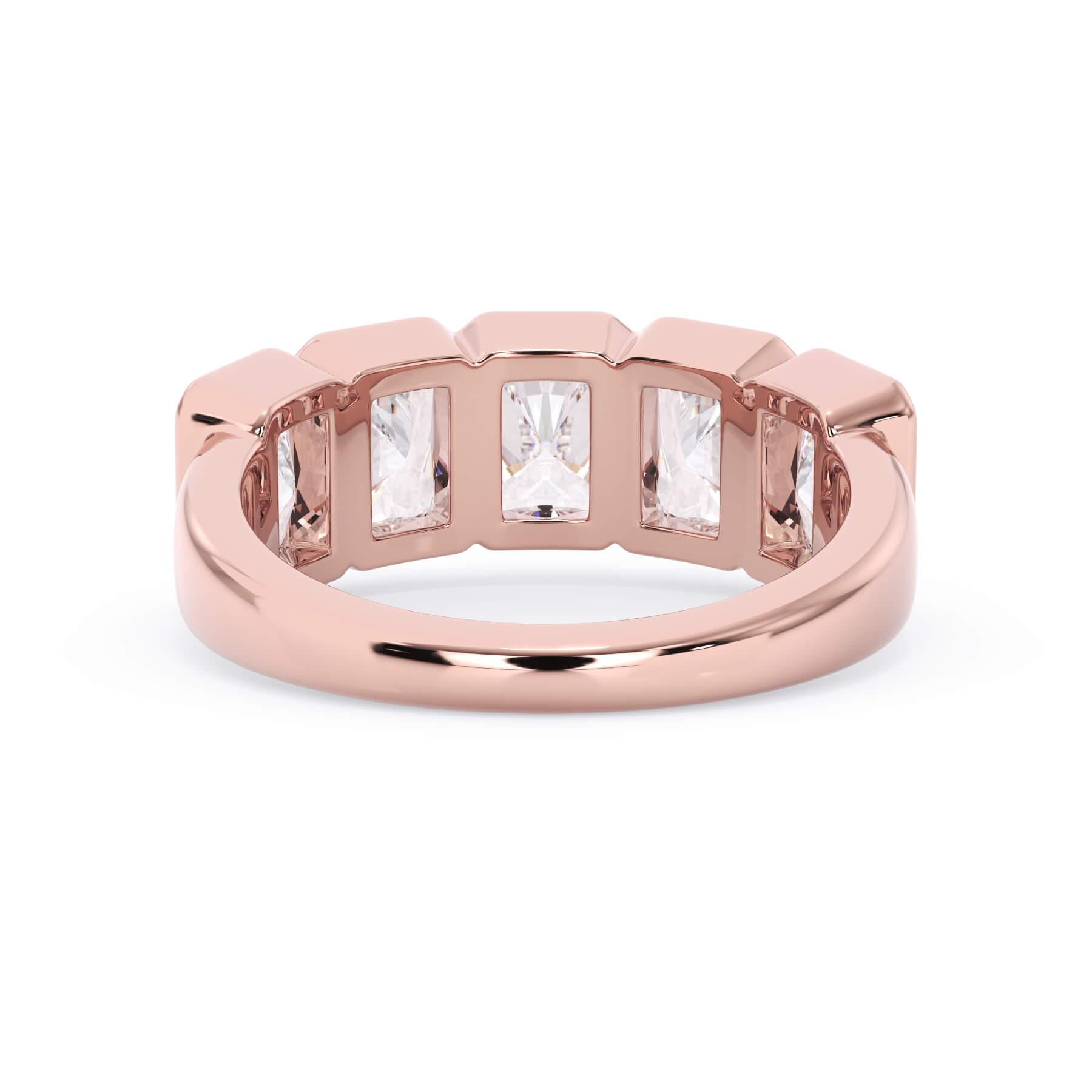 A picture of a five stone diamond wedding ring with radiant cut diamonds that are bezel set in rose gold on a white background with a view of the underside of the ring.