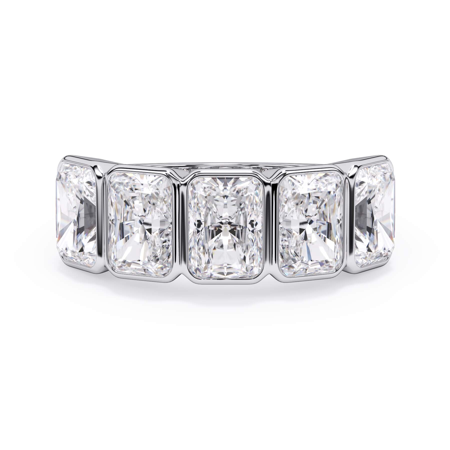 A picture of a five stone diamond wedding ring with radiant cut diamonds that are bezel set in white gold or platinum on a white background with the ring facing forward, lying down.
