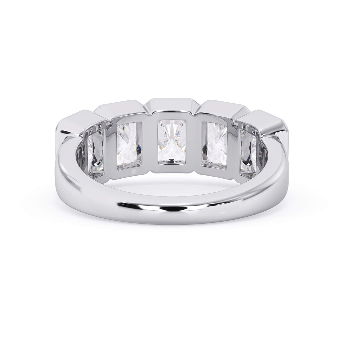 A picture of a five stone diamond wedding ring with radiant cut diamonds that are bezel set in white gold or platinum on a white background with a view of the underside of the ring.