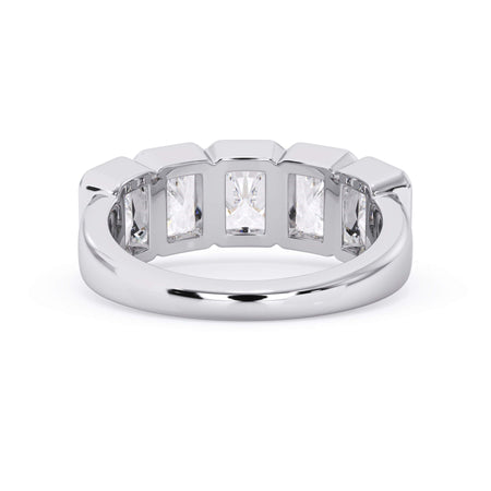 A picture of a five stone diamond wedding ring with radiant cut diamonds that are bezel set in white gold or platinum on a white background with a view of the underside of the ring.