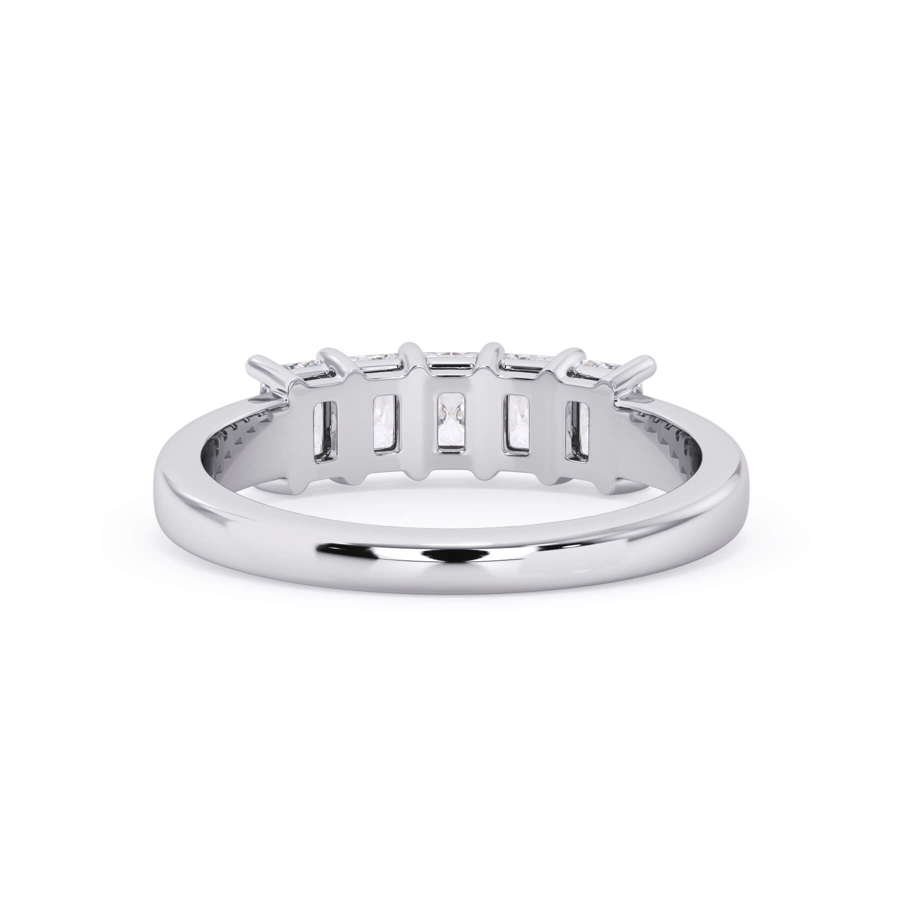 A picture of a five stone diamond wedding ring with radiant cut diamonds that are shared prong set in white gold or platinum on a white background with a view of the underside of the ring.