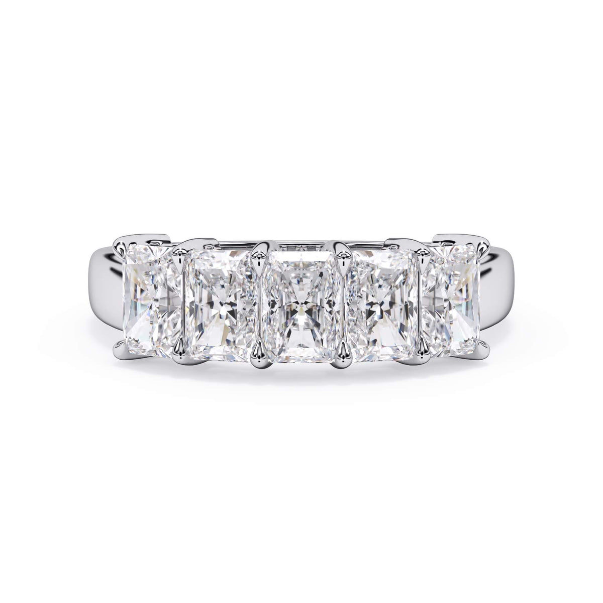 A picture of a five stone diamond wedding ring with radiant cut diamonds that are shared prong set in white gold or platinum on a white background with the ring facing forward, lying down.