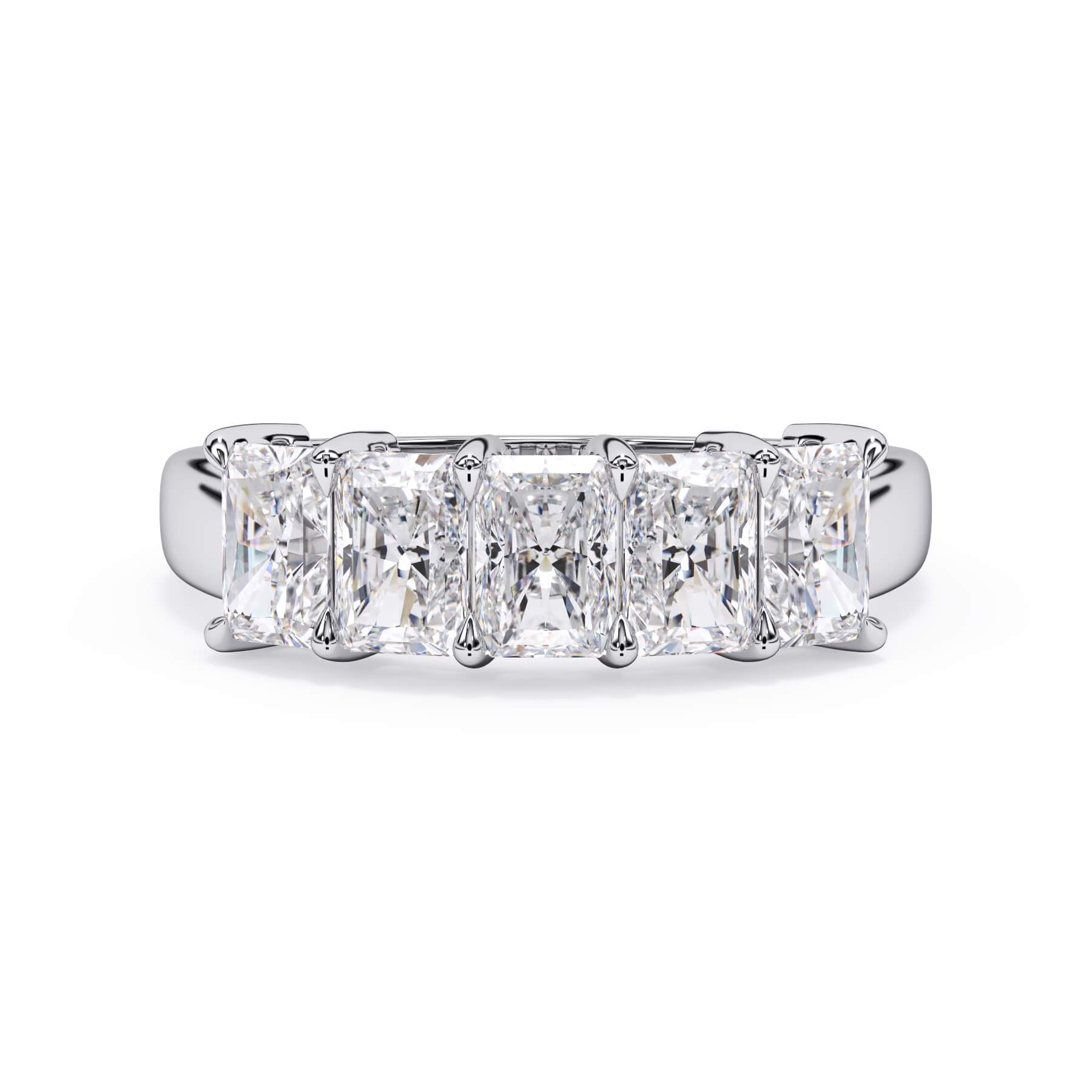 A picture of a five stone diamond wedding ring with radiant cut diamonds that are shared prong set in white gold or platinum on a white background with the ring facing forward, lying down.
