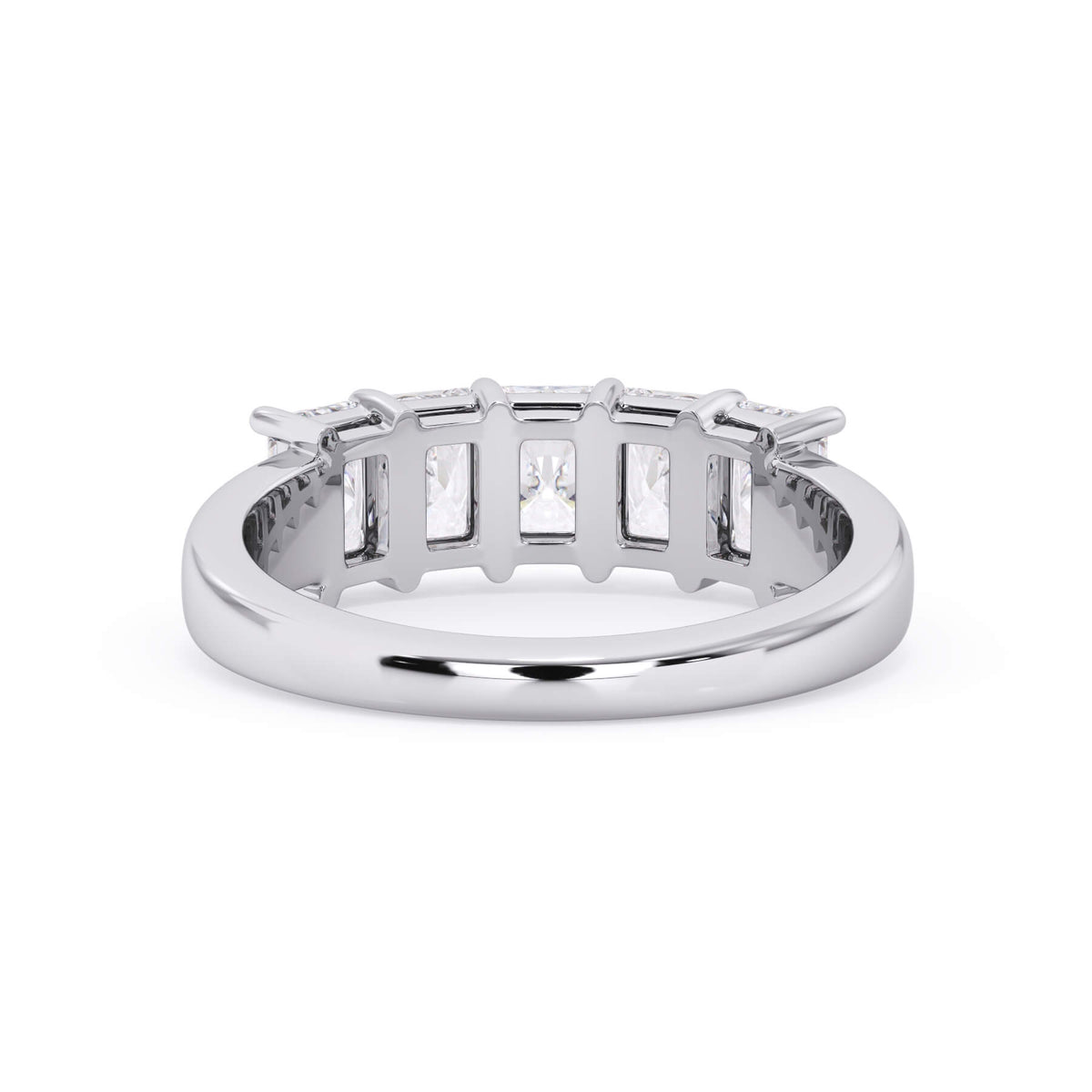 A picture of a five stone diamond wedding ring with radiant cut diamonds that are shared prong set in white gold or platinum on a white background with a view of the underside of the ring.
