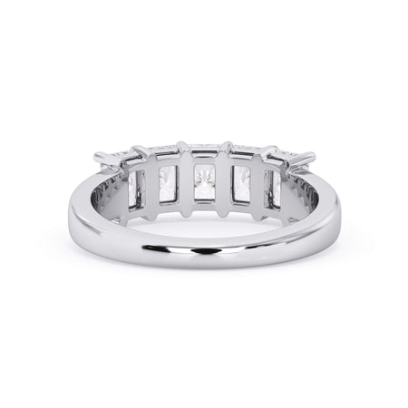 A picture of a five stone diamond wedding ring with radiant cut diamonds that are shared prong set in white gold or platinum on a white background with a view of the underside of the ring.