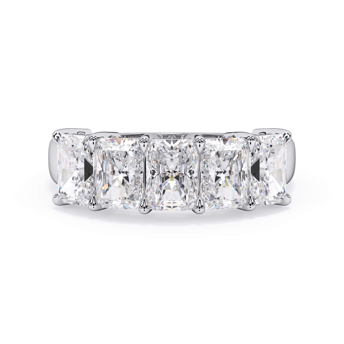 A picture of a five stone diamond wedding ring with radiant cut diamonds that are shared prong set in white gold or platinum on a white background with the ring facing forward, lying down.