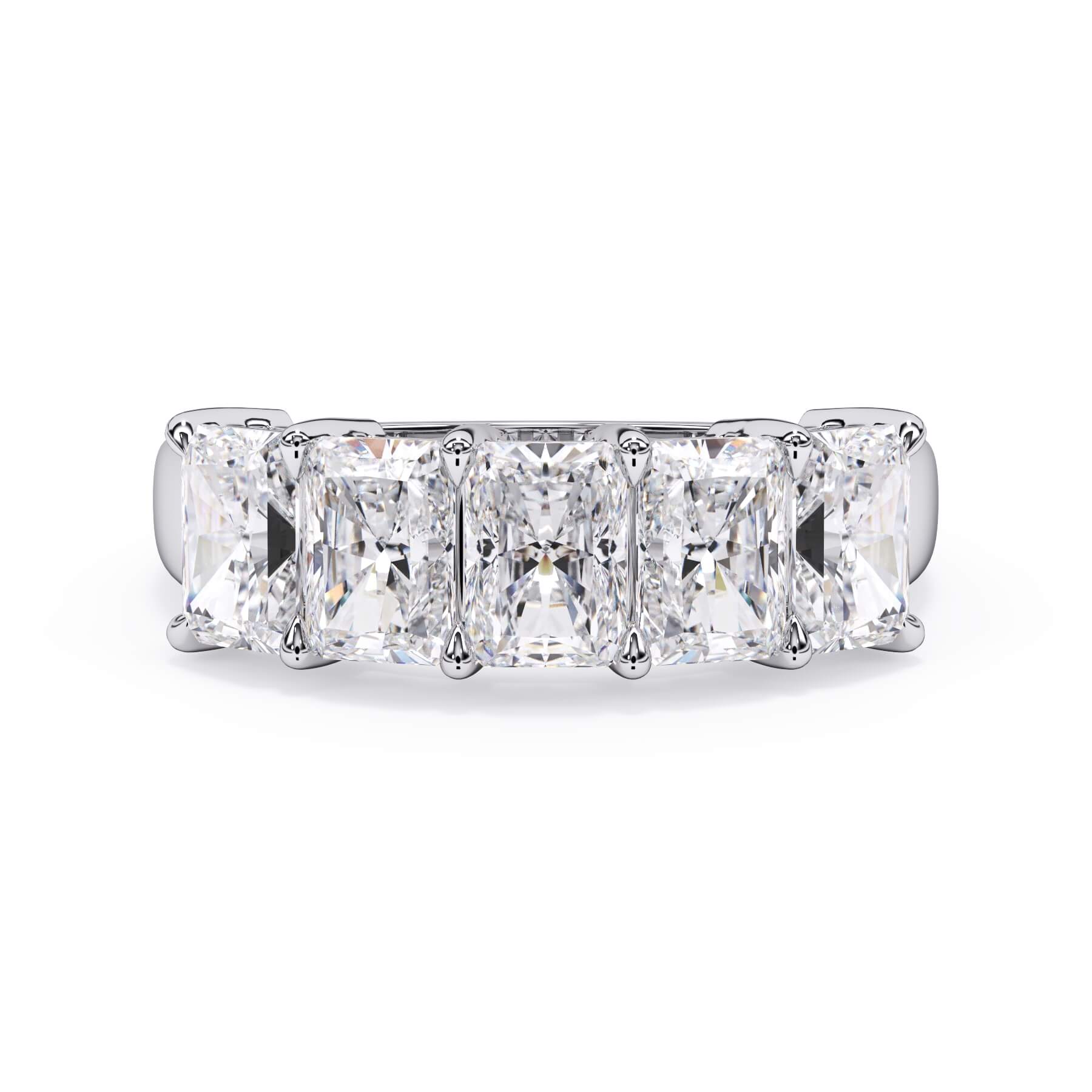 A picture of a five stone diamond wedding ring with radiant cut diamonds that are shared prong set in white gold or platinum on a white background with the ring facing forward, lying down.