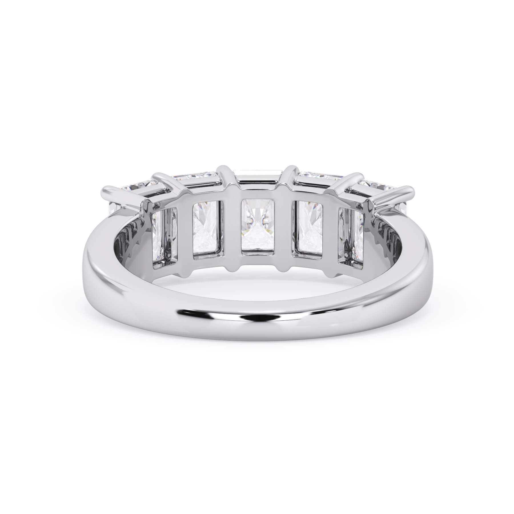 A picture of a five stone diamond wedding ring with radiant cut diamonds that are shared prong set in white gold or platinum on a white background with a view of the underside of the ring.
