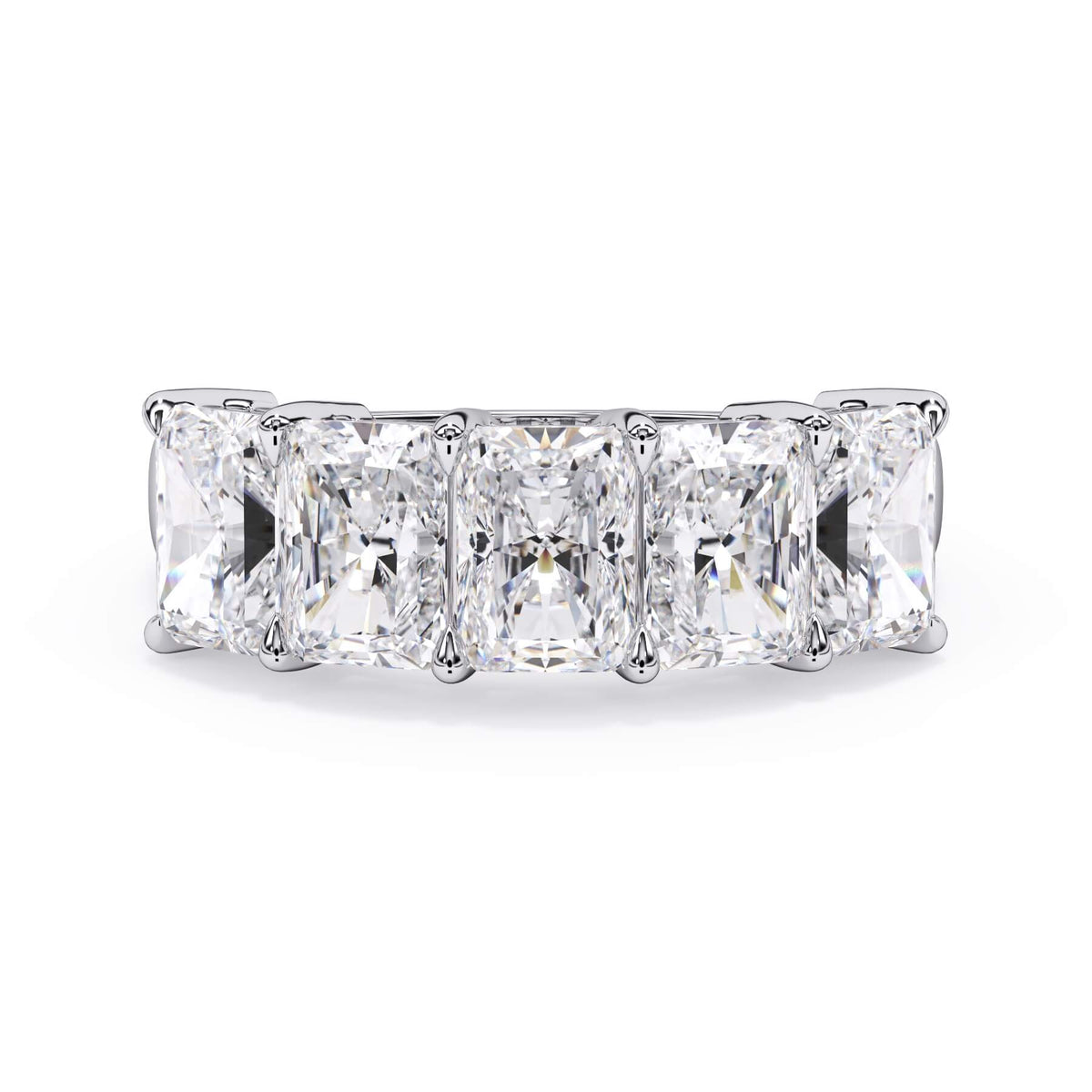 A picture of a five stone diamond wedding ring with radiant cut diamonds that are shared prong set in white gold or platinum on a white background with the ring facing forward, lying down.