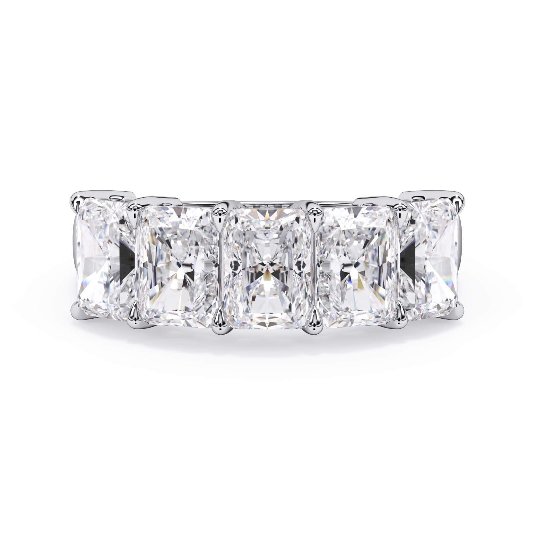 A picture of a five stone diamond wedding ring with radiant cut diamonds that are shared prong set in white gold or platinum on a white background with the ring facing forward, lying down.