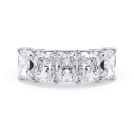 A picture of a five stone diamond wedding ring with radiant cut diamonds that are shared prong set in white gold or platinum on a white background with the ring facing forward, lying down.