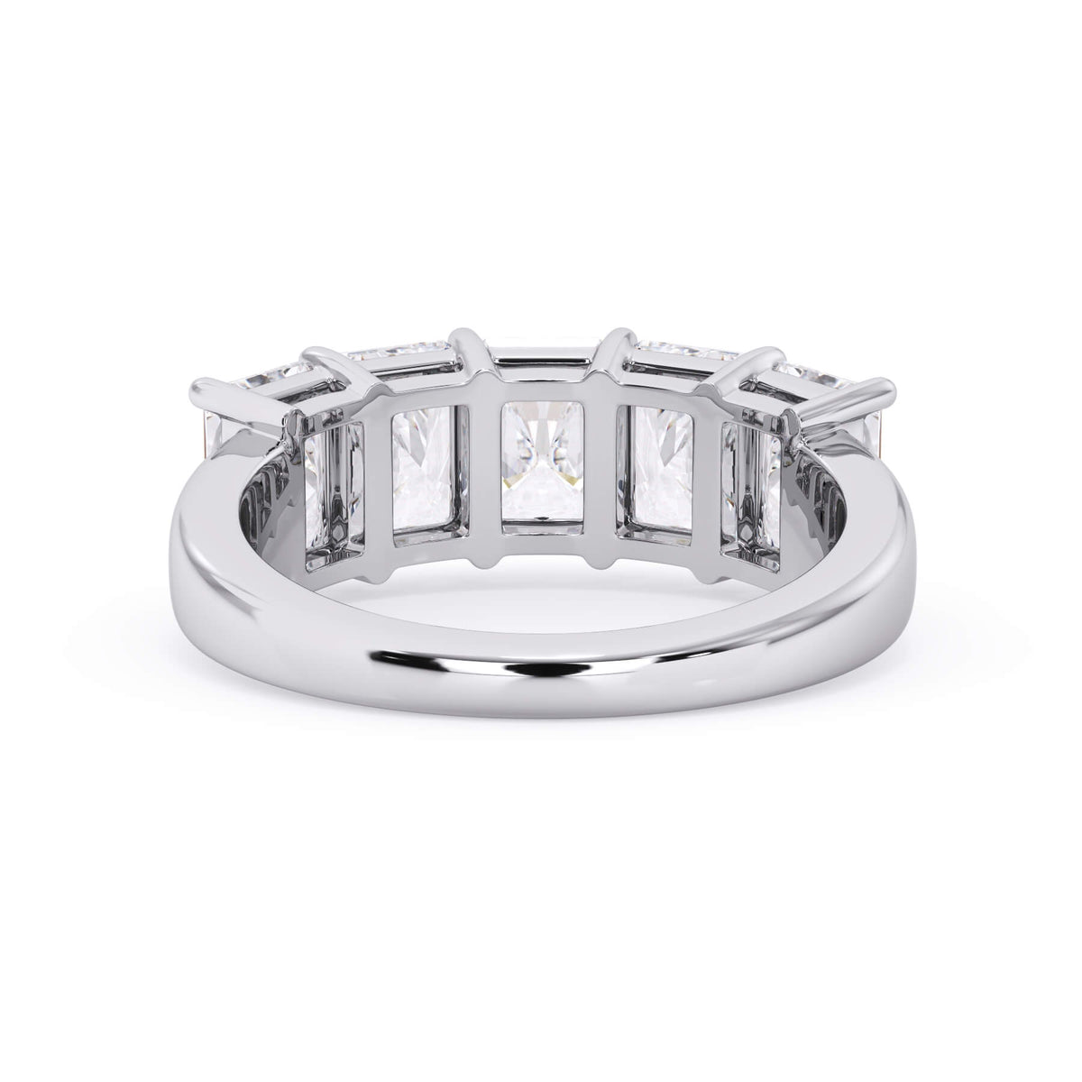 A picture of a five stone diamond wedding ring with radiant cut diamonds that are shared prong set in white gold or platinum on a white background with a view of the underside of the ring.