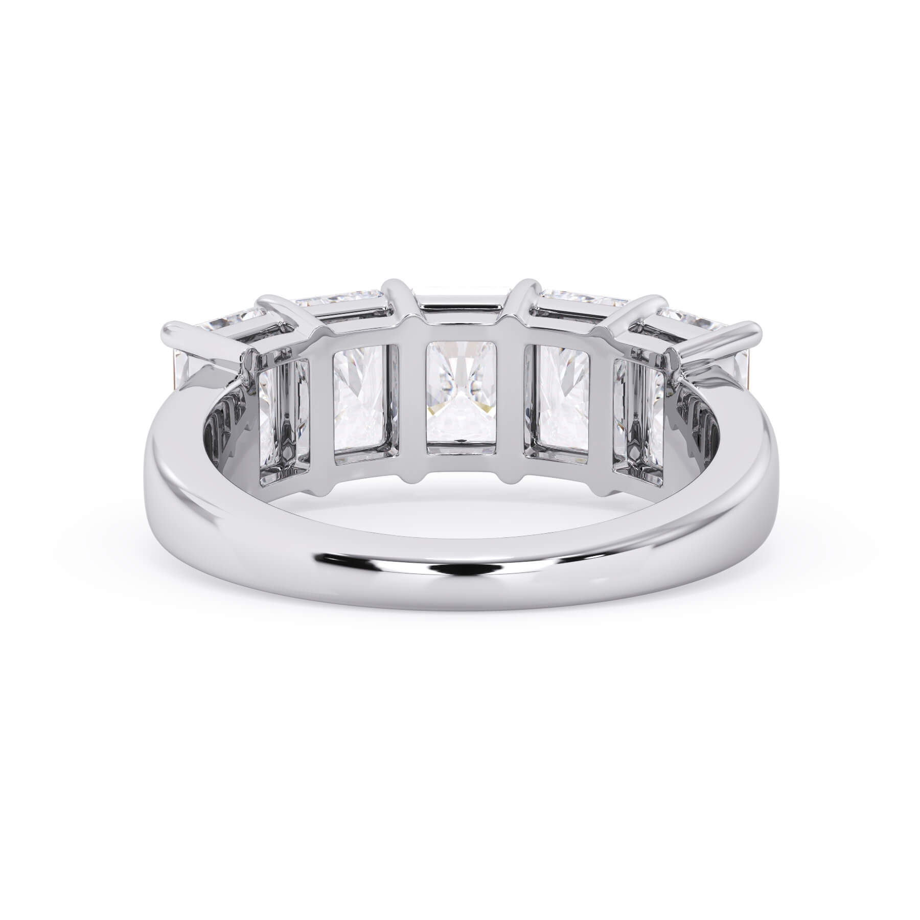 A picture of a five stone diamond wedding ring with radiant cut diamonds that are shared prong set in white gold or platinum on a white background with a view of the underside of the ring.