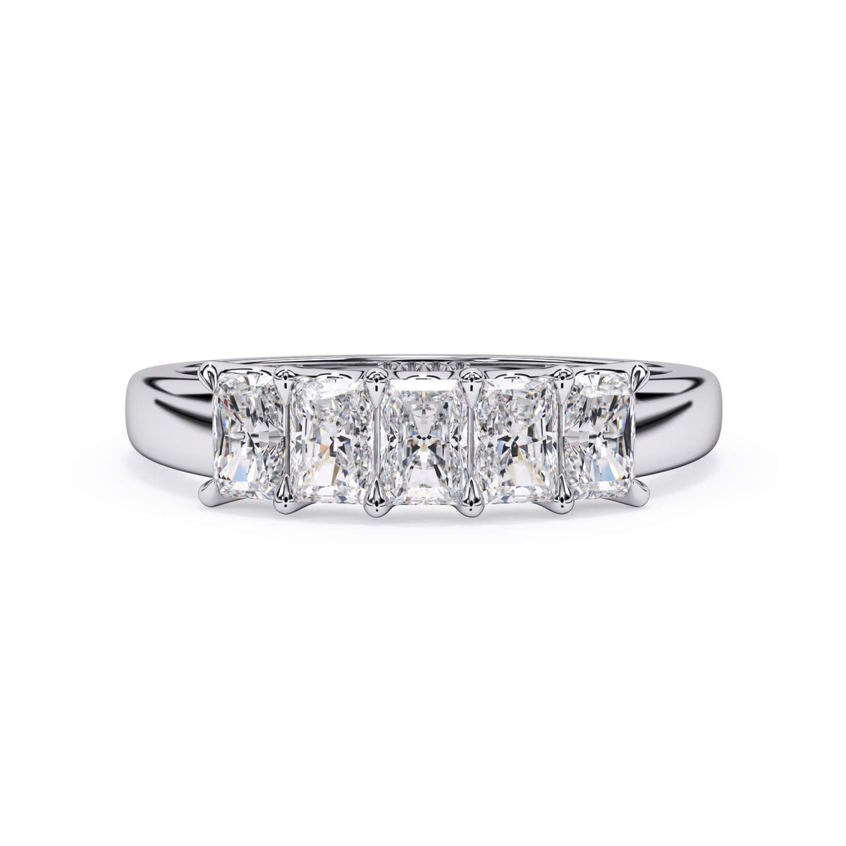 A picture of a five stone diamond wedding ring with radiant cut diamonds that are u prong set in white gold or platinum on a white background with the ring facing forward, lying down.