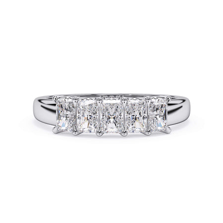 A picture of a five stone diamond wedding ring with radiant cut diamonds that are u prong set in white gold or platinum on a white background with the ring facing forward, lying down.