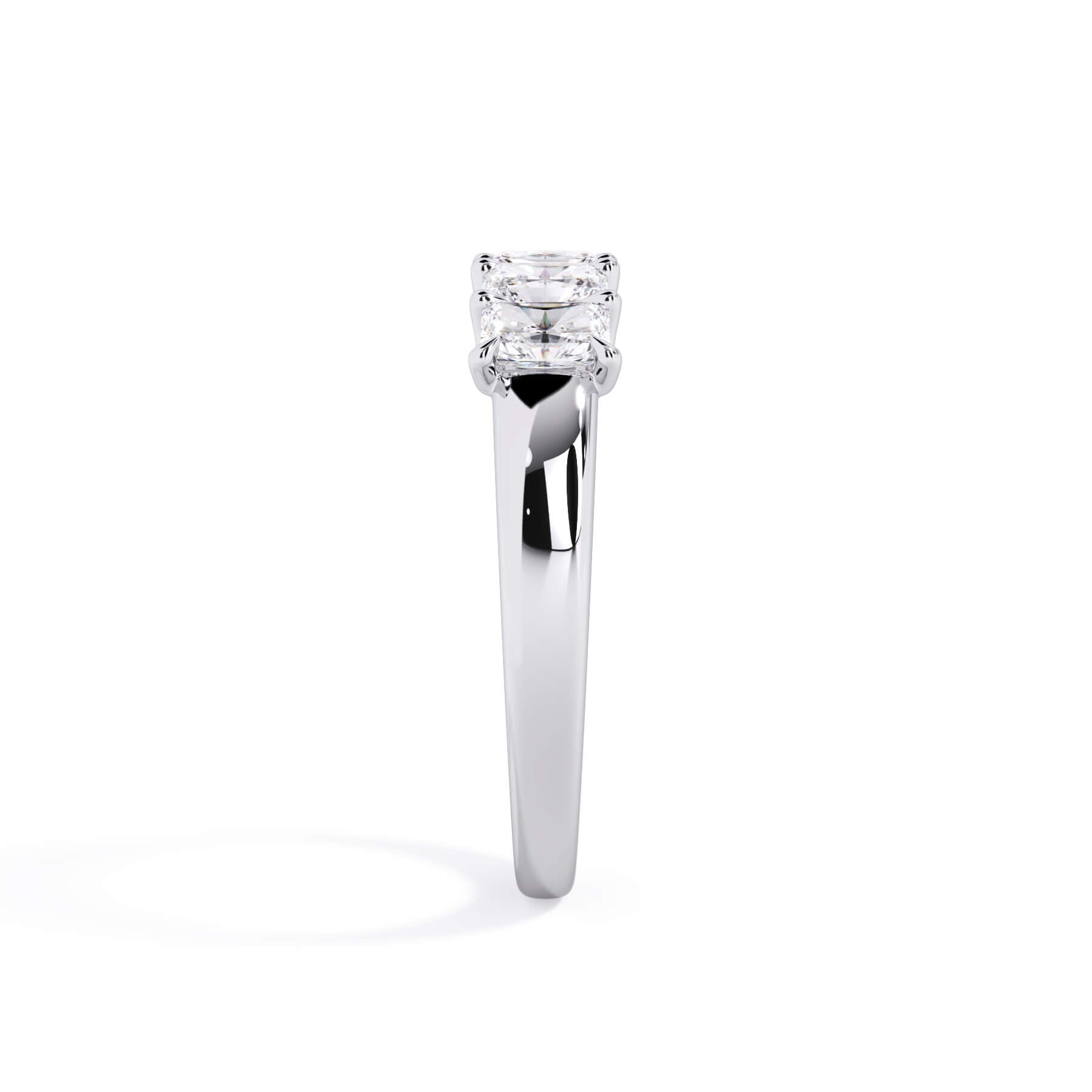 A picture of a five stone diamond wedding ring with radiant cut diamonds that are u prong set in white gold or platinum on a white background with a side profile view.