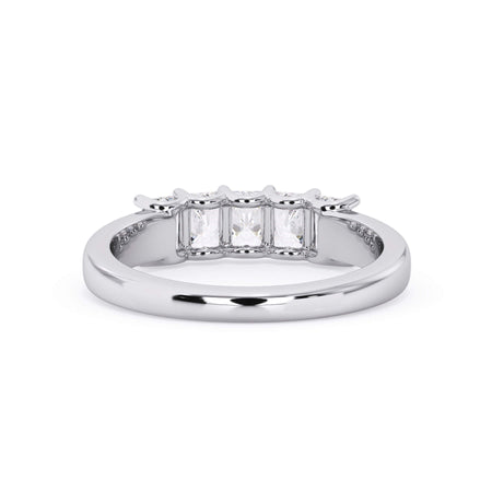 A picture of a five stone diamond wedding ring with radiant cut diamonds that are u prong set in white gold or platinum on a white background with a view of the underside of the ring.
