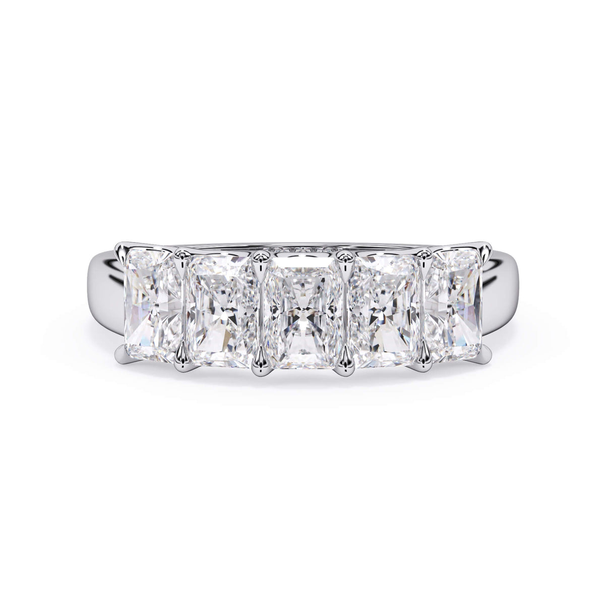 A picture of a five stone diamond wedding ring with radiant cut diamonds that are u prong set in white gold or platinum on a white background with the ring facing forward, lying down.