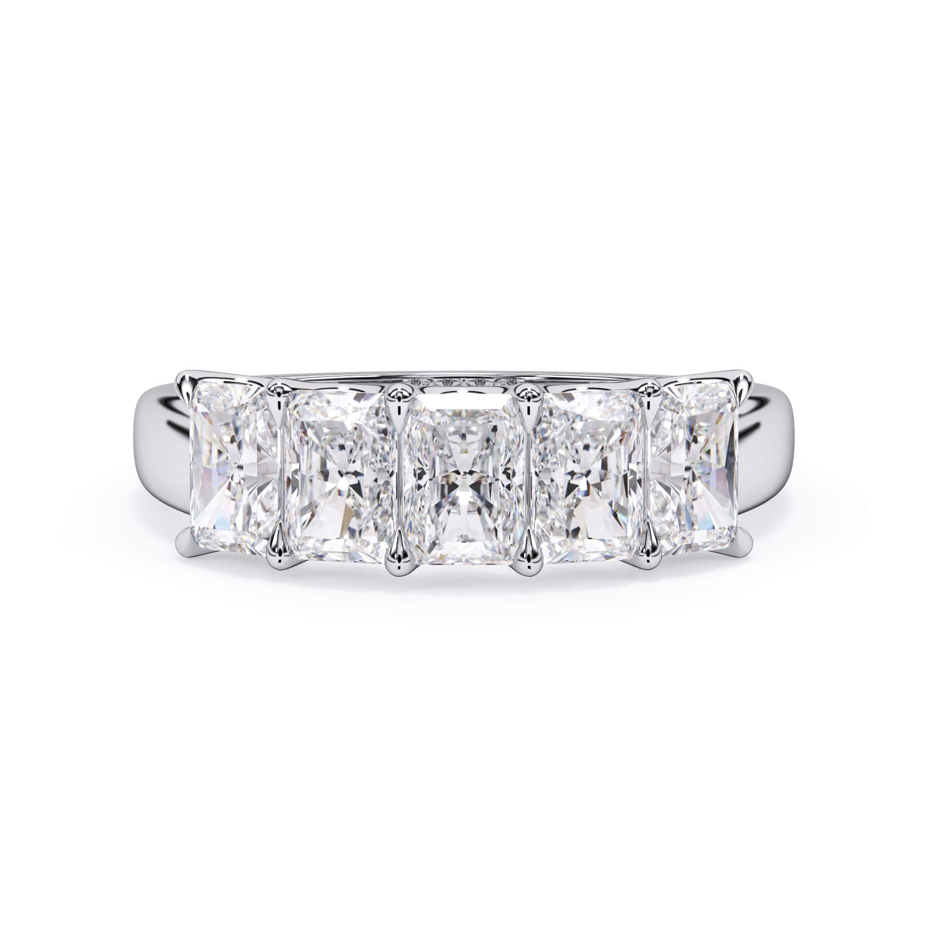 A picture of a five stone diamond wedding ring with radiant cut diamonds that are u prong set in white gold or platinum on a white background with the ring facing forward, lying down.