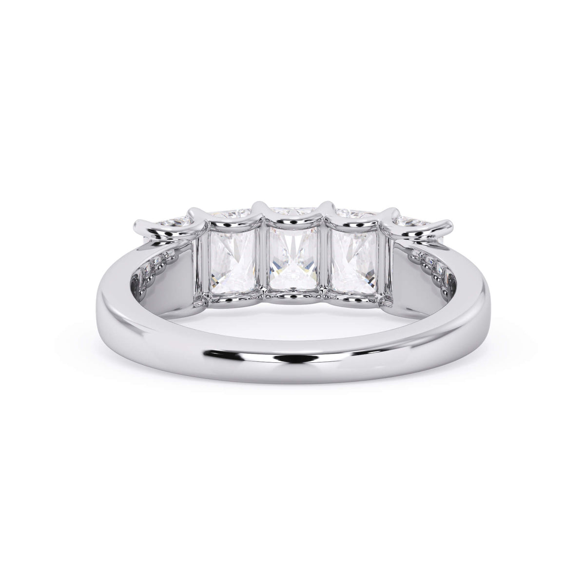 A picture of a five stone diamond wedding ring with radiant cut diamonds that are u prong set in white gold or platinum on a white background with a view of the underside of the ring.