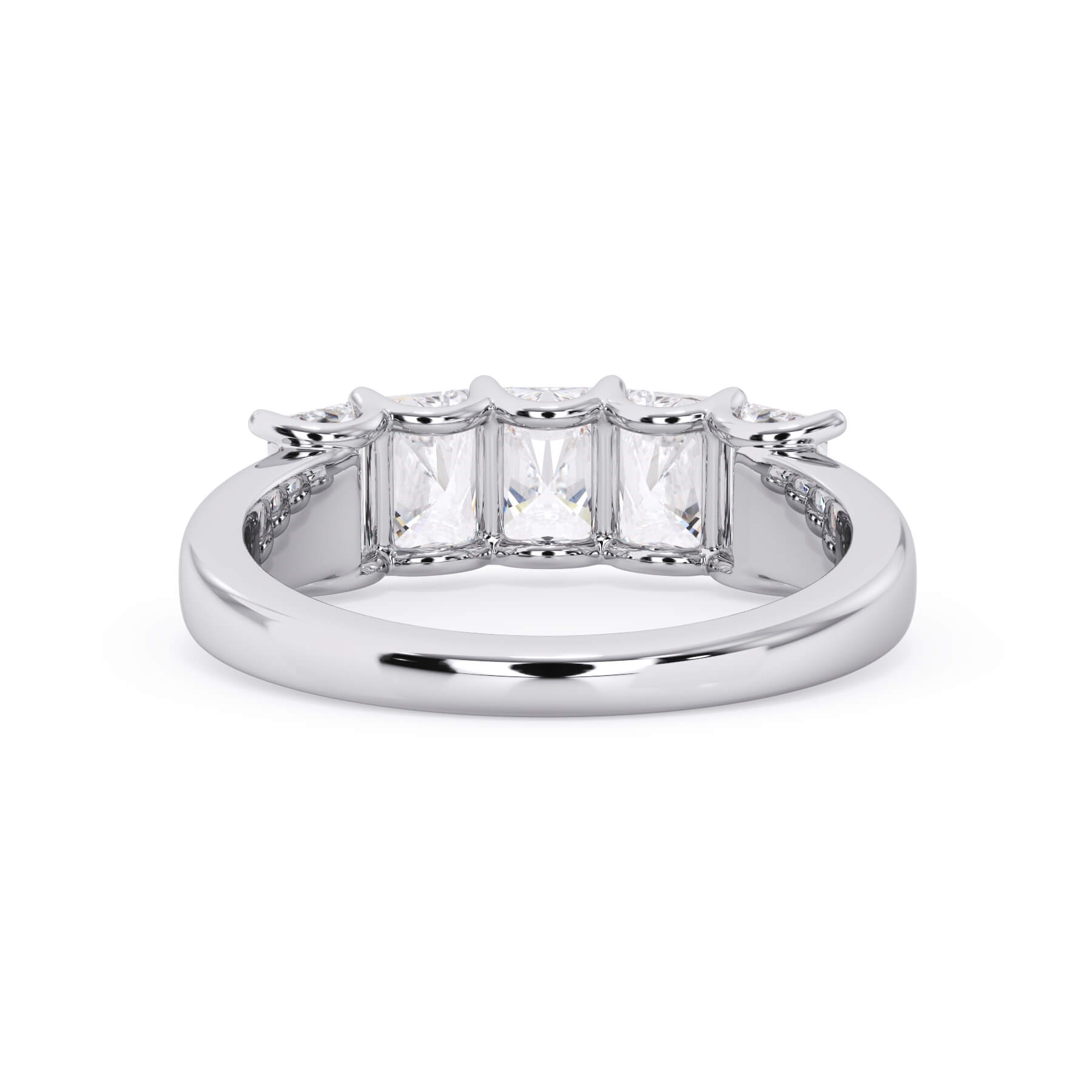 A picture of a five stone diamond wedding ring with radiant cut diamonds that are u prong set in white gold or platinum on a white background with a view of the underside of the ring.