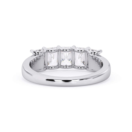 A picture of a five stone diamond wedding ring with radiant cut diamonds that are u prong set in white gold or platinum on a white background with a view of the underside of the ring.